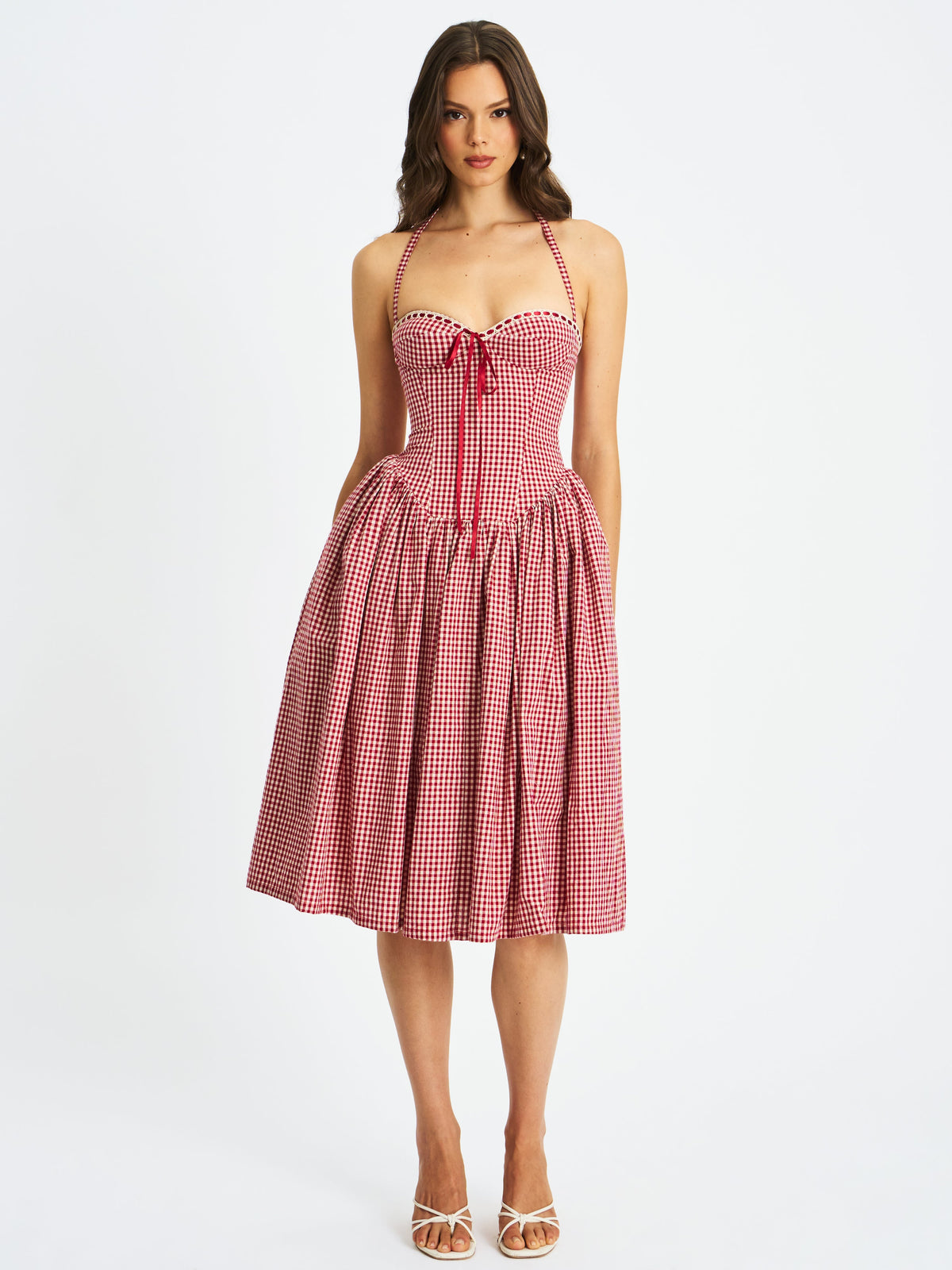 Susanna Red Cotton Gingham Drop Waist Midi Dress