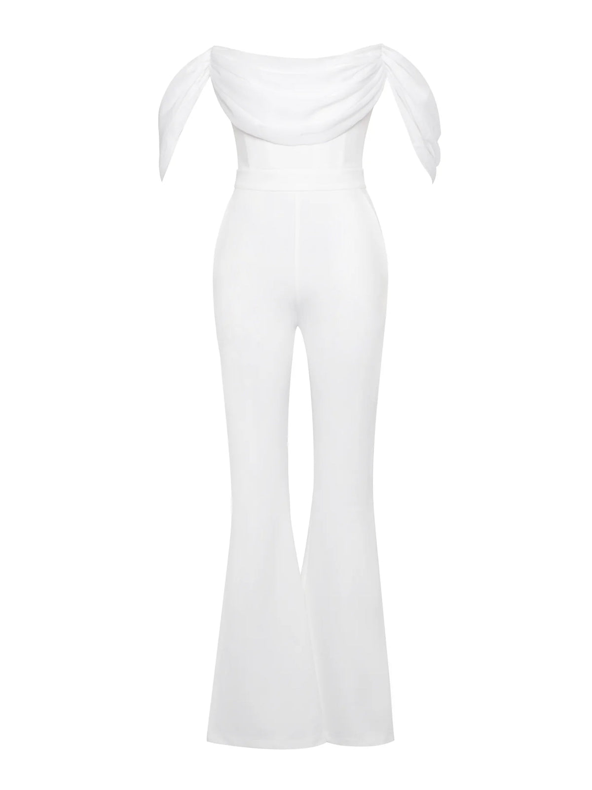 Sherlyn White Off Shoulder Flared Crepe Jumpsuit (Archive Sale)