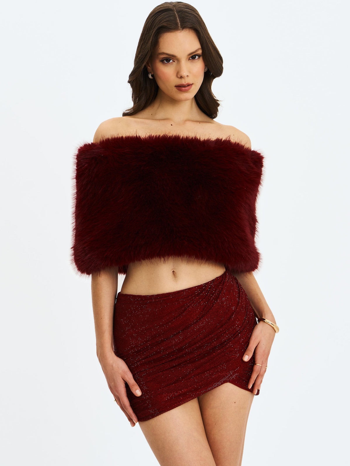 Darleen Crimson Rhinestone Mesh Low Waist Ruched Skirt