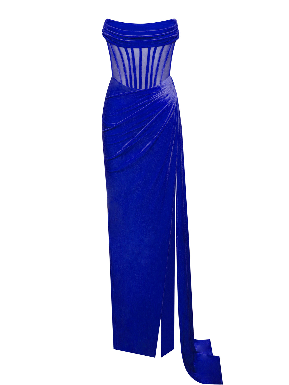 Priya Royal Blue Draping Corset High Slit Velvet Gown (Archive Sale)