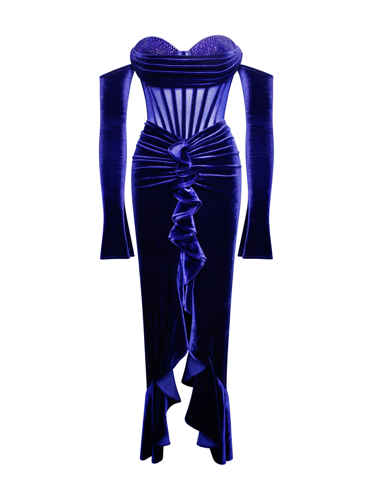 Taylee Navy Long Sleeve Off Shoulder Corset Velvet Gown (Archive Sale)
