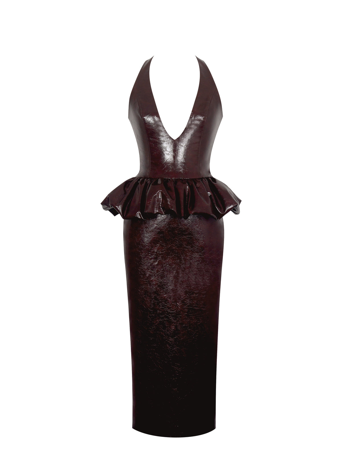 Jaslene Mahogany Ruched Peplum Plunge Halter Midi Dress