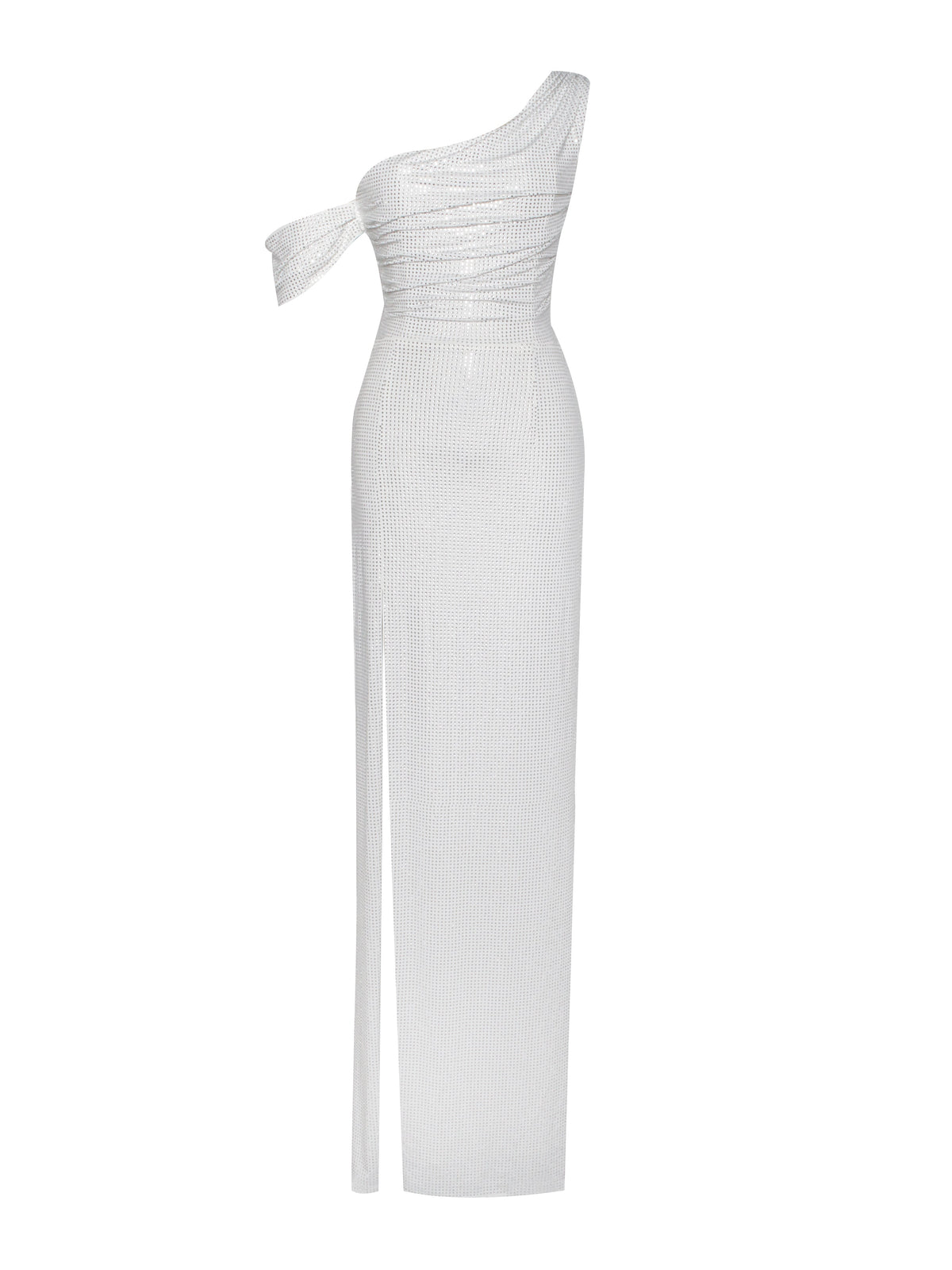 Paget White Mesh Rhinestone Embellished High Slit Gown (Archive Sale)