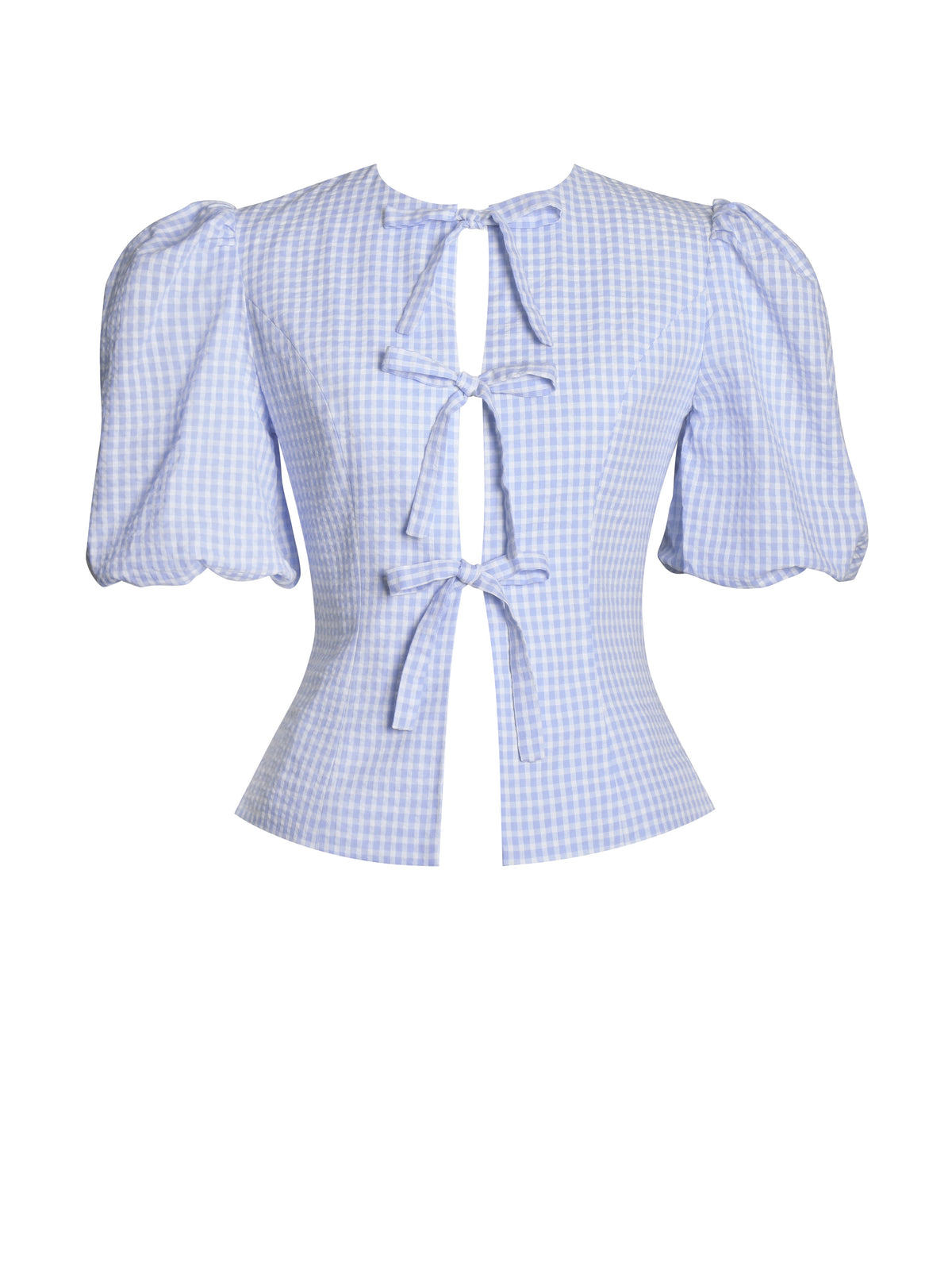 Qusayla Baby Blue Gingham Cotton Bubble Sleeve Bowtie Top