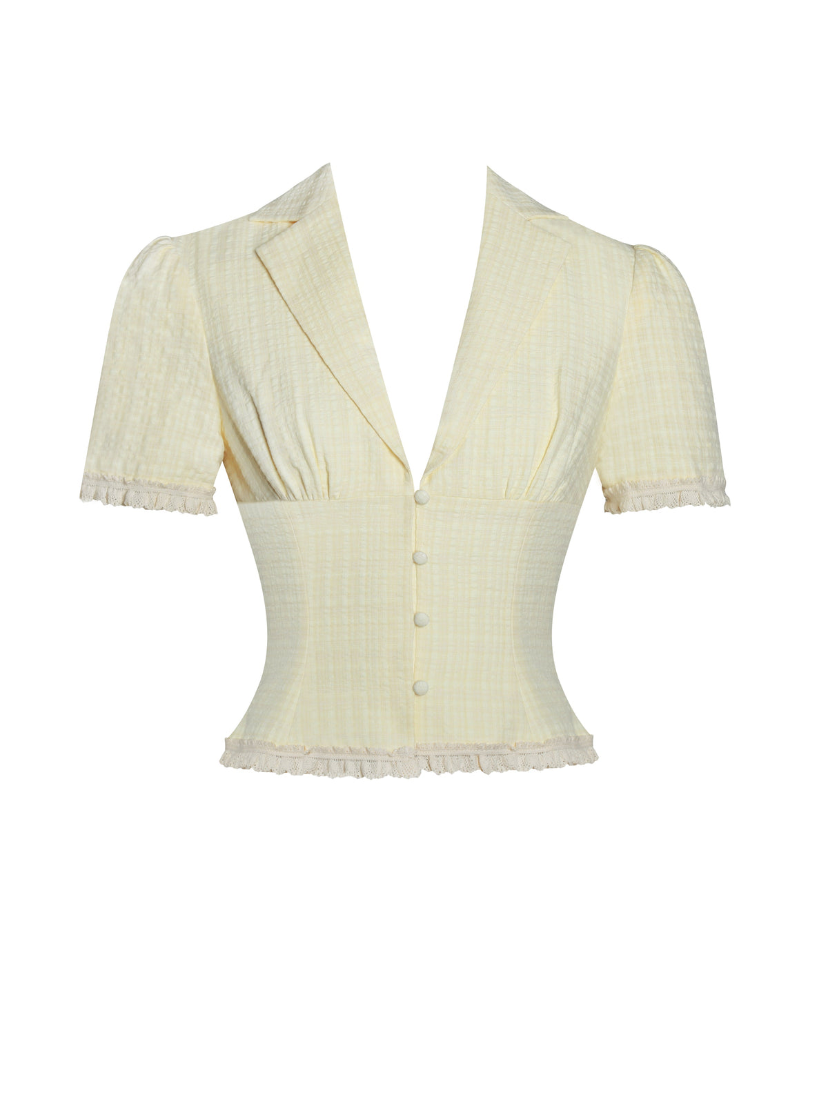 Odelia Yellow Lace Trim Seersucker Button Up Top (Archive Sale)