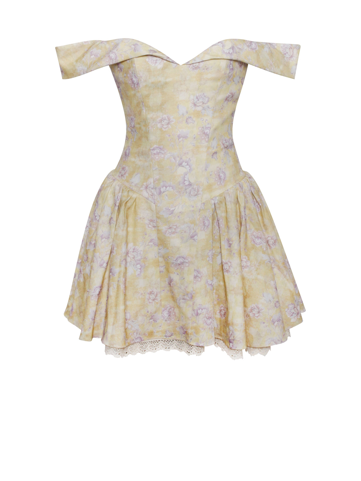 Oana Floral Print Linen Collared Off Shoulder Mini Dress