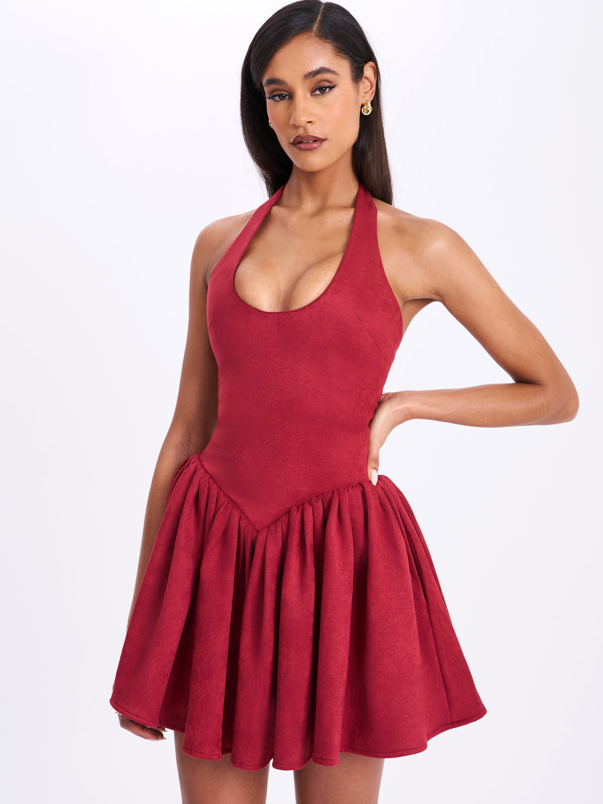 Hadorabra Burgundy Suede Halter Mini Full Dress (Archive Sale)