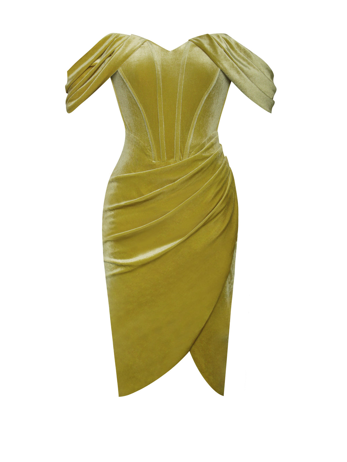 Omaria Gold Velvet Off Shoulder Corset Dress (Archive Sale)
