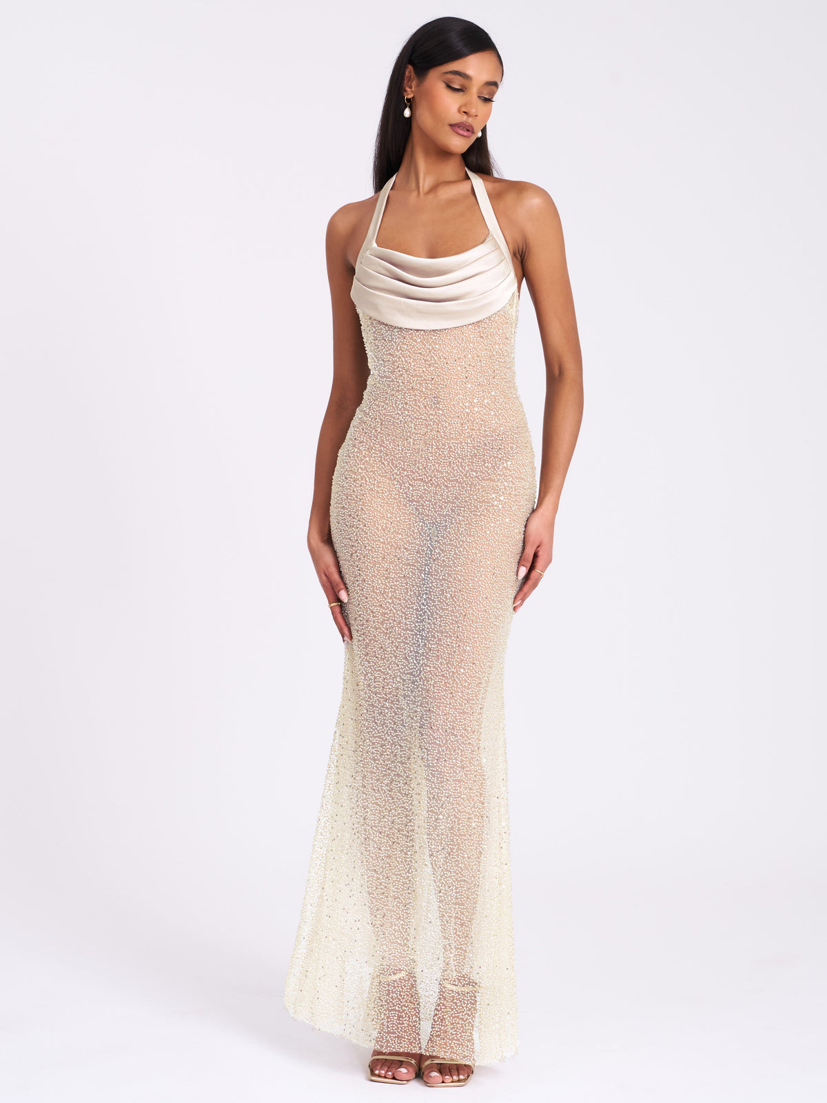 Zahya Lime Halter Backless Beaded Mesh Gown (Archive Sale)