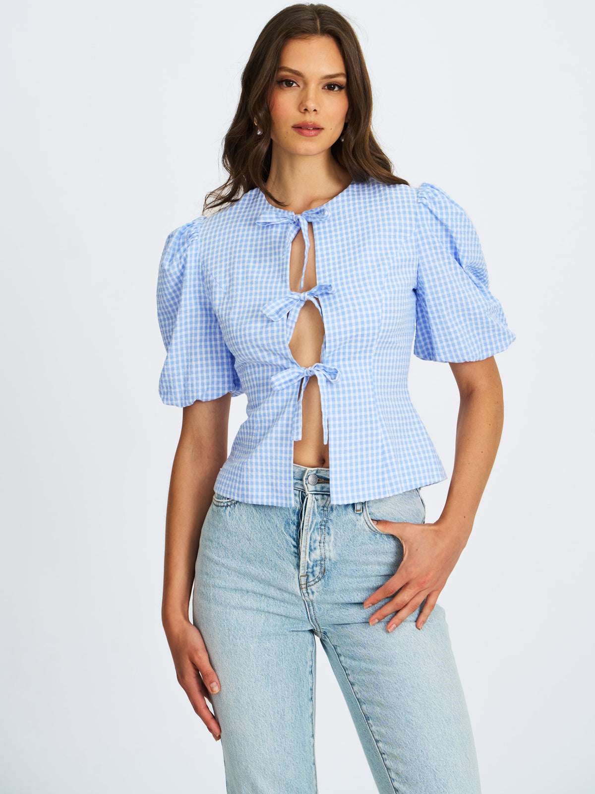 Qusayla Baby Blue Gingham Cotton Bubble Sleeve Bowtie Top