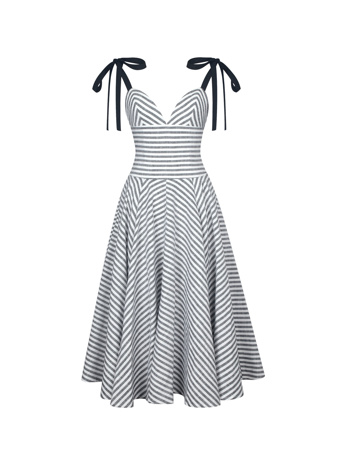Riley Black & White Striped Linen Flared Midi Dress