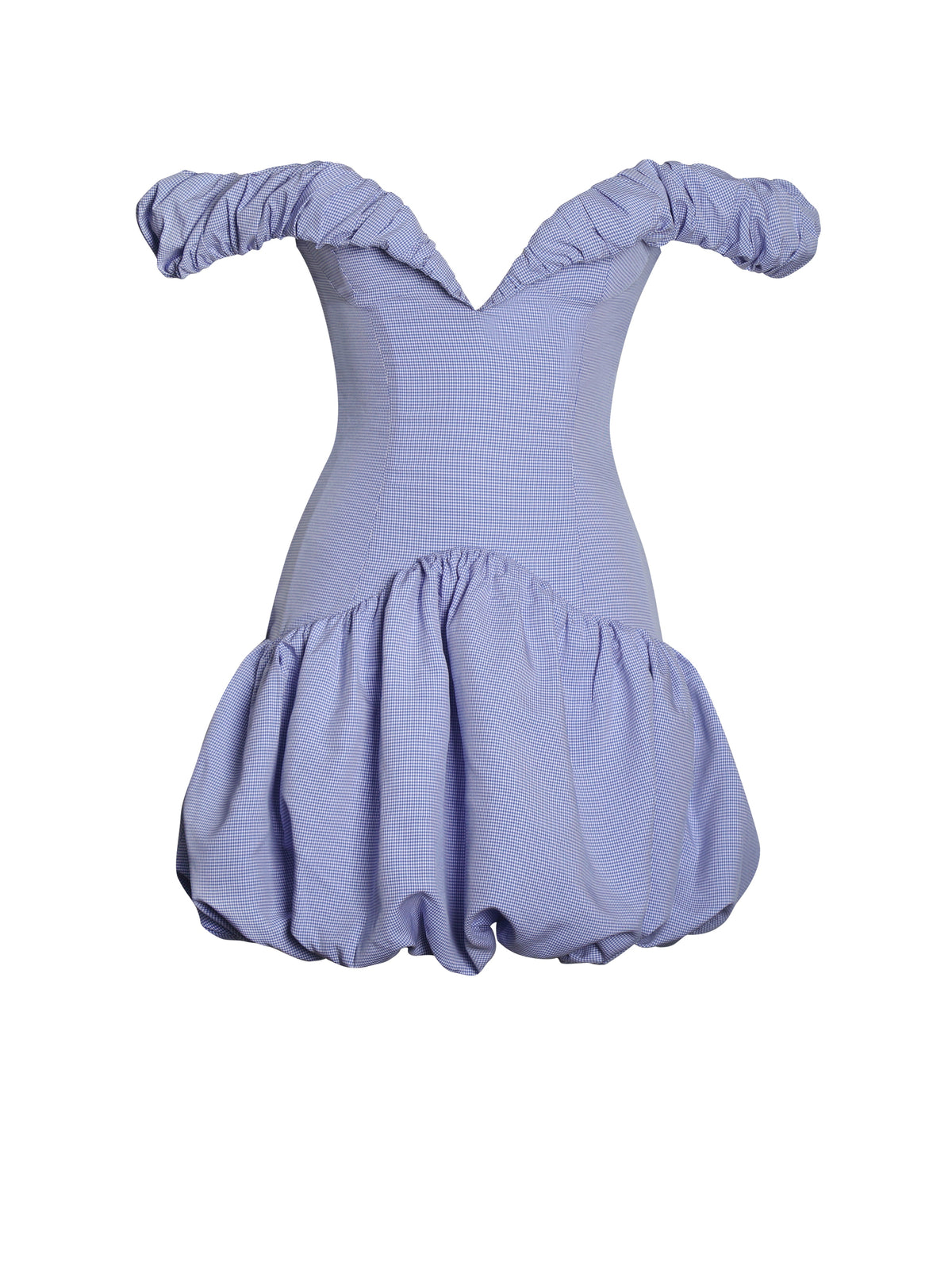 Sablee Checkered Puffy Off Shoulder Trim Bubble Hem Mini Dress (Archive Sale)