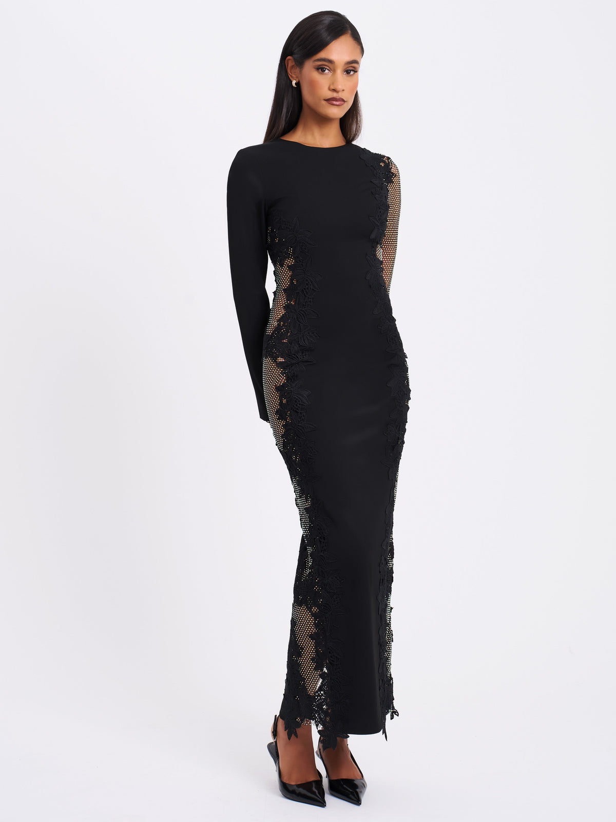 Bailey Lace Trim Crystal Net Cutout Long Sleeve Gown (Archive Sale)