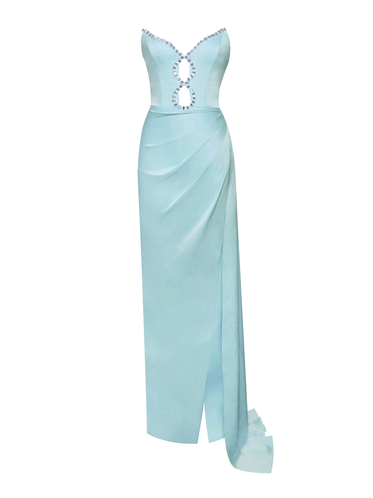 Marilyn Pale Blue Satin Crystal Embellished High Slit Gown (Archive Sale)