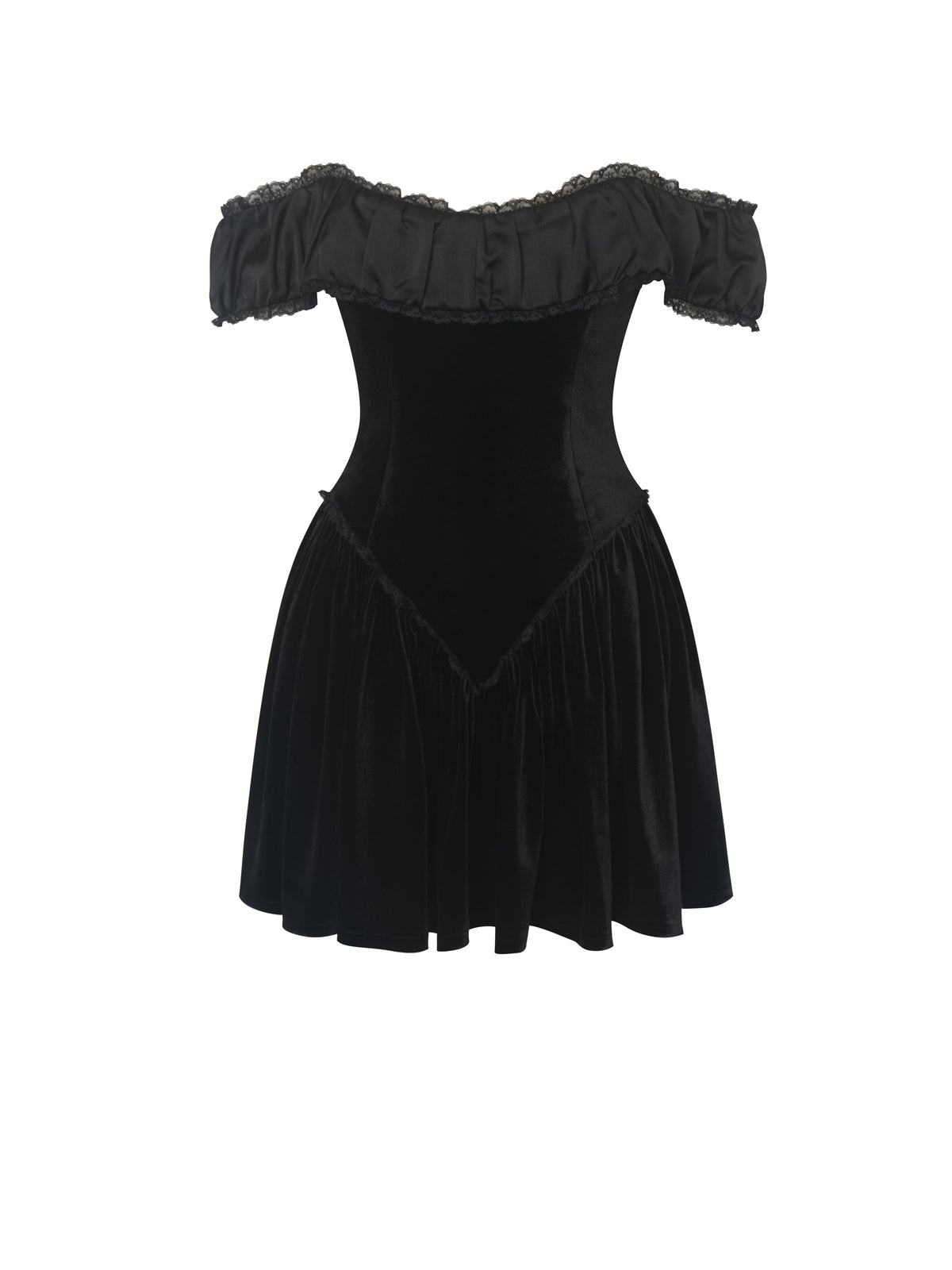 Daisha Black Lace Trimmed Off-Shoulder Ruched Mini Dress