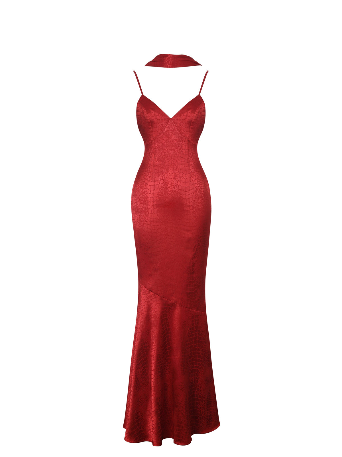 Kelsey Scarlet Croc-Embossed Flared Hem Maxi Dress with Scarf