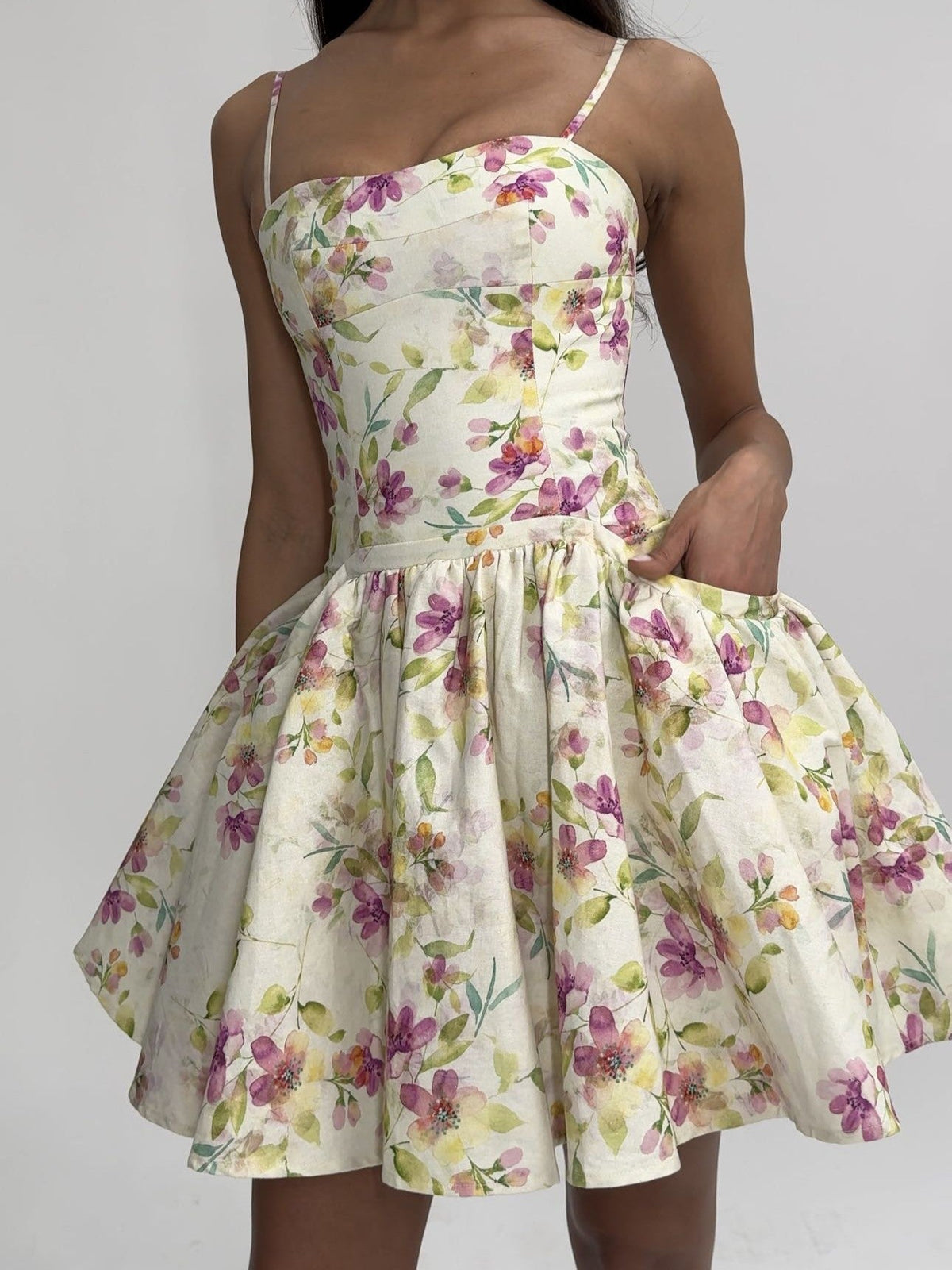 Valda Yellow and Pink Print Linen Mini Dress with Pockets