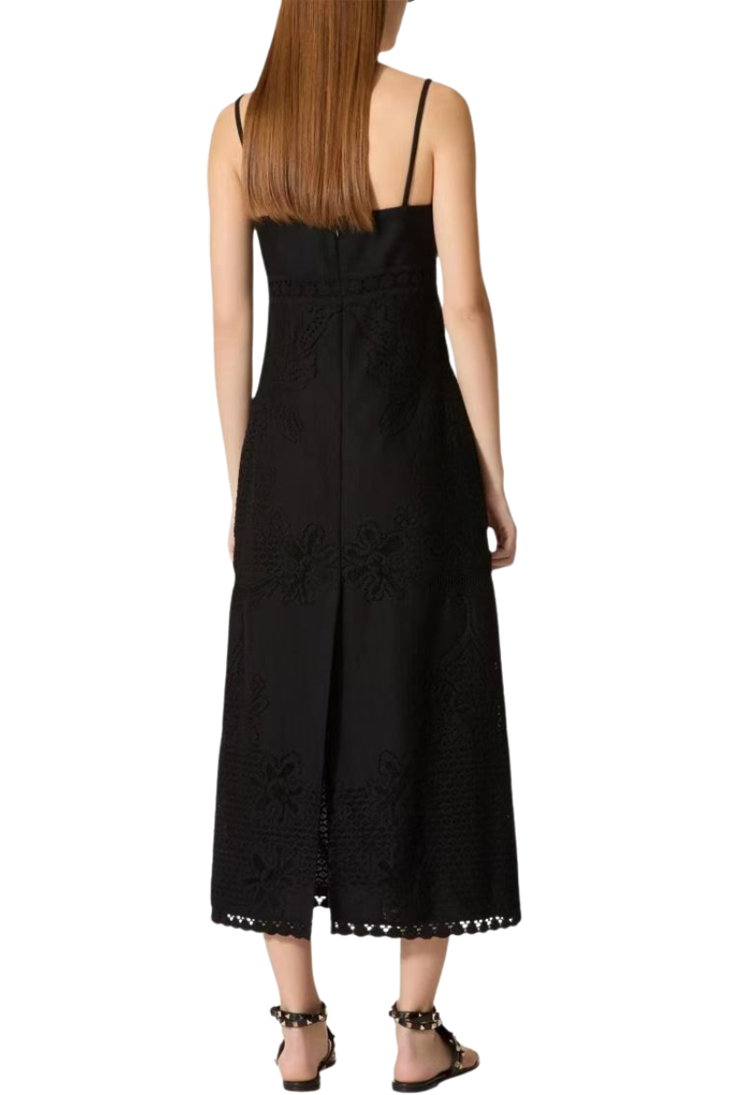 Valentino Solid Color Floral Pattern Square Neck Slip Dress Nero 4B3VA7P08GR_0NO