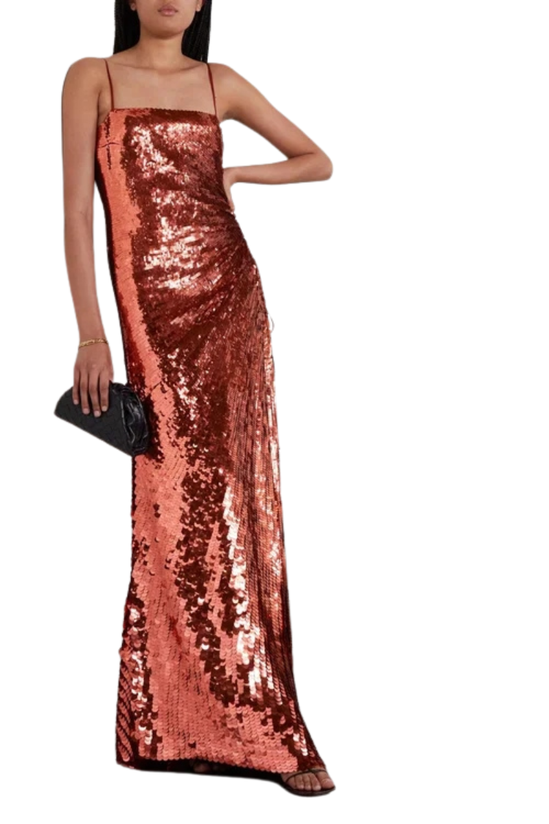 Valentino Garavani Ruched Cutout Sequined Silk Long Dress Brick XB0VDDD52UP_H46