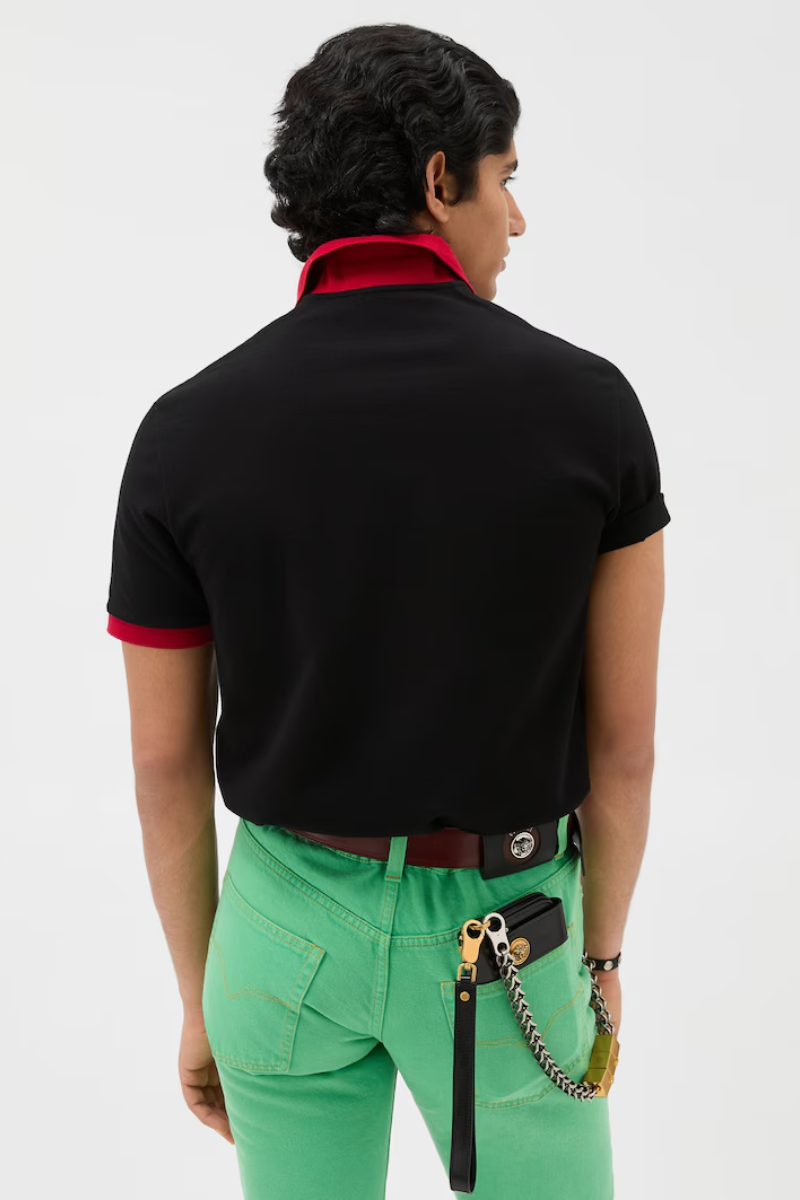 Versace Logo Embroidered Pique Polo Shirt-Red