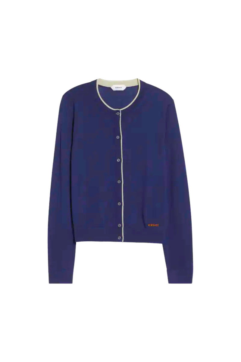 Versace Tipped Wool Blend Cardigan-Navy