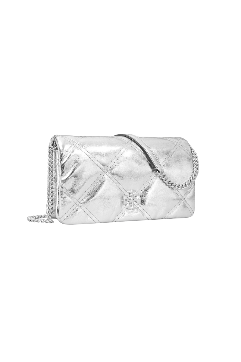 Tory Burch Kira Metallic Diamond Quilt Chain Wallet Silver 158631-040