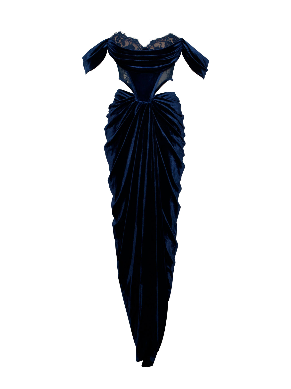 Quintessa Teal Lace Velvet Corset Off Shoulder Gown (Archive Sale)