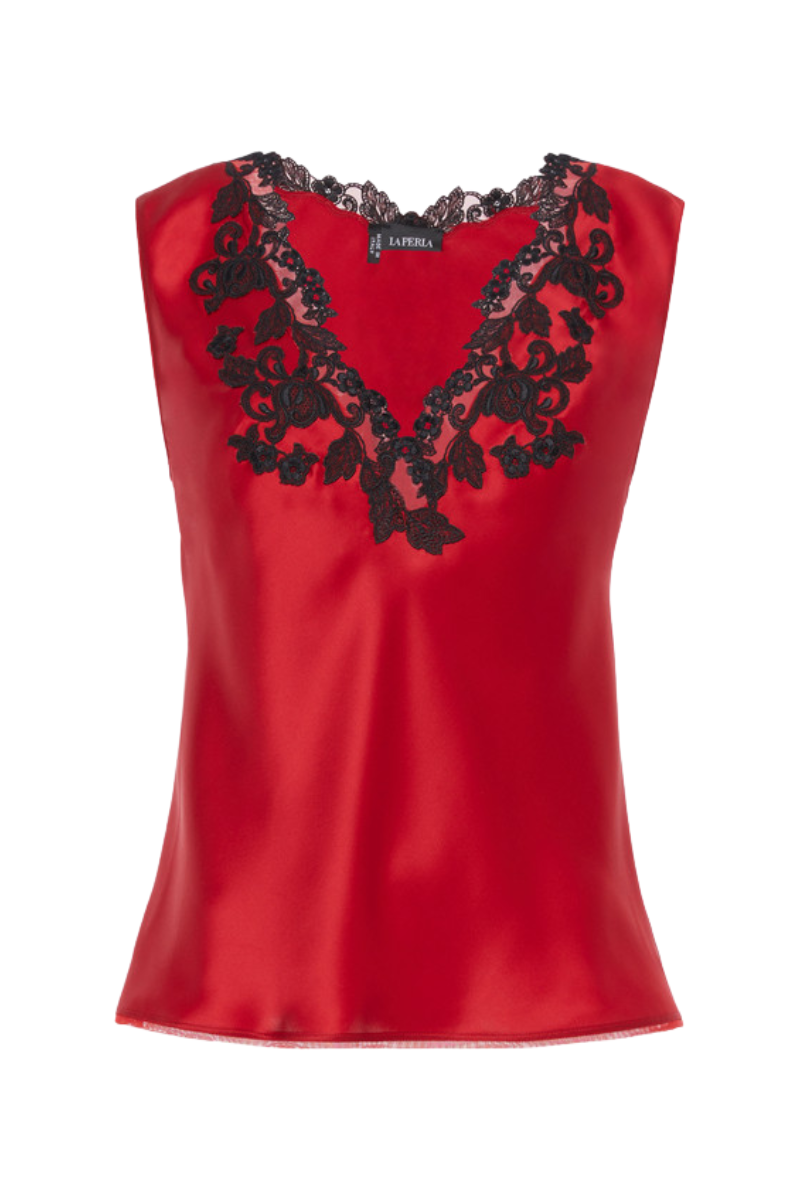 La Perla Maison Red Silk Satin Top with Frastaglio