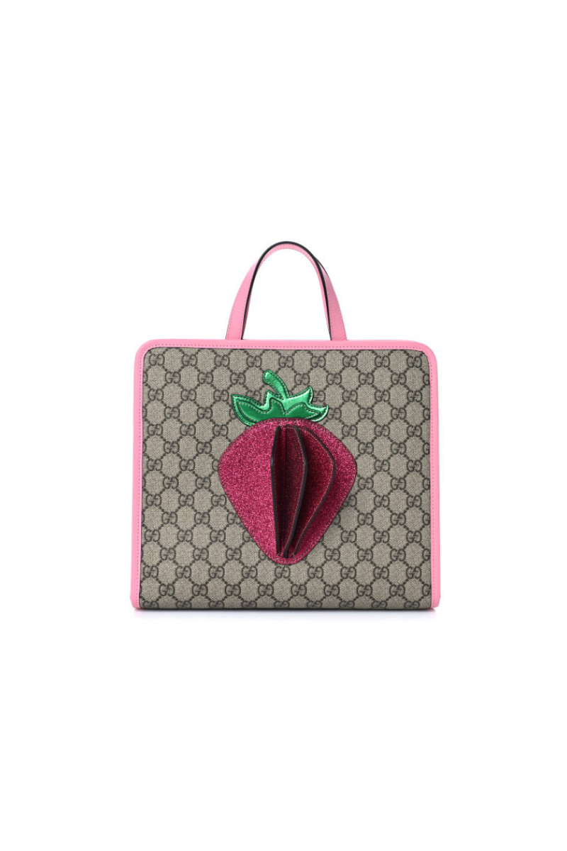 Gucci GG Supreme Monogram 3D Strawberries Children's Tote Beige Ebony Lotus Pink Fuxia Emerald