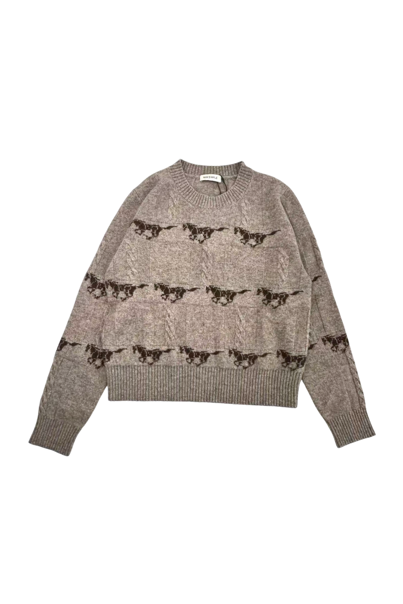 Max Simple Pony Intarsia Cable Knit Sweater_Taupe