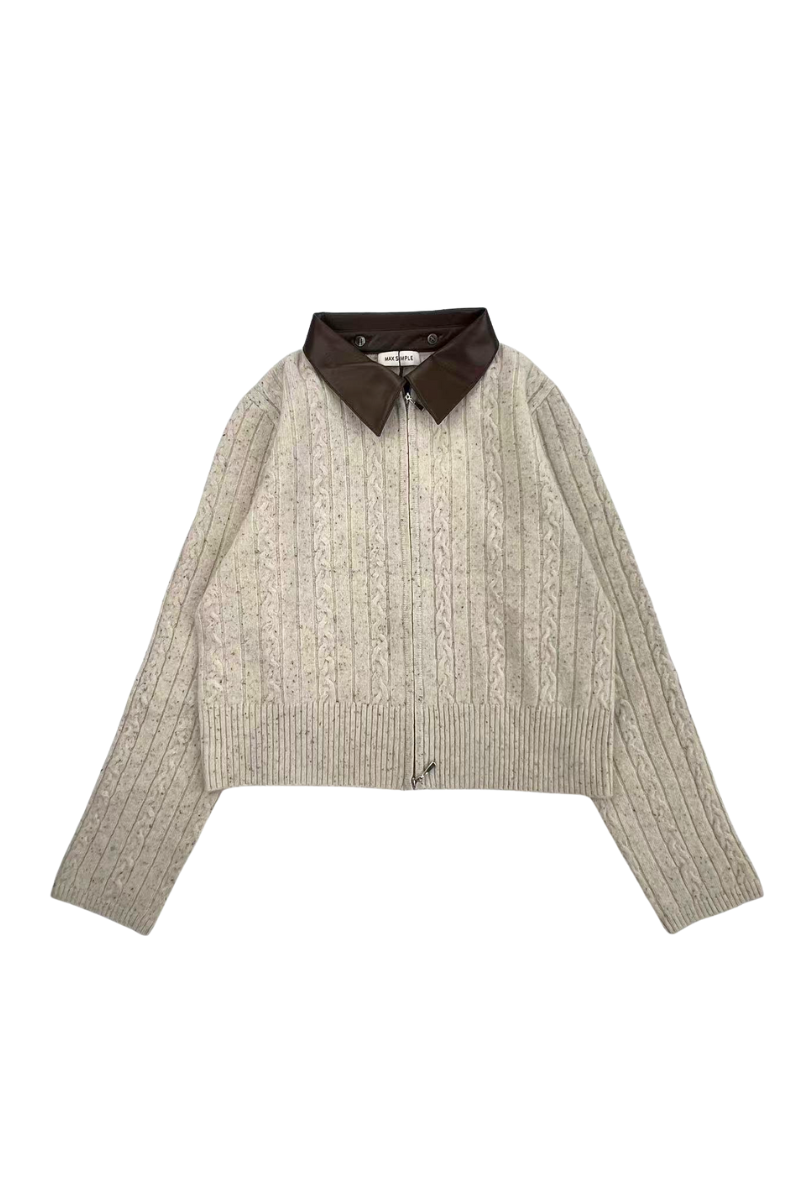 Max Simple Leather-Collar Cable Jacket_Rice