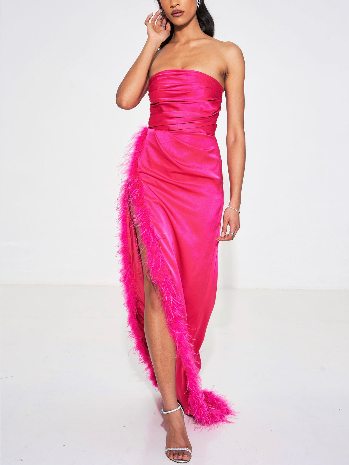 Perrin Fuchsia Pink Feather Dress High Slit Gown (Archive Sale)