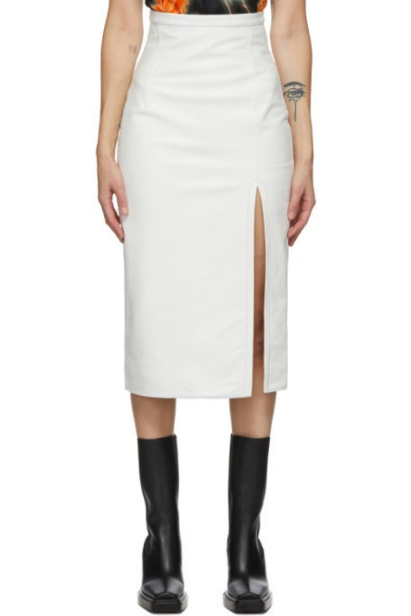 Meryll Rogge White Leather Vintage Slit Skirt featuring high-rise waist and front hem slit.