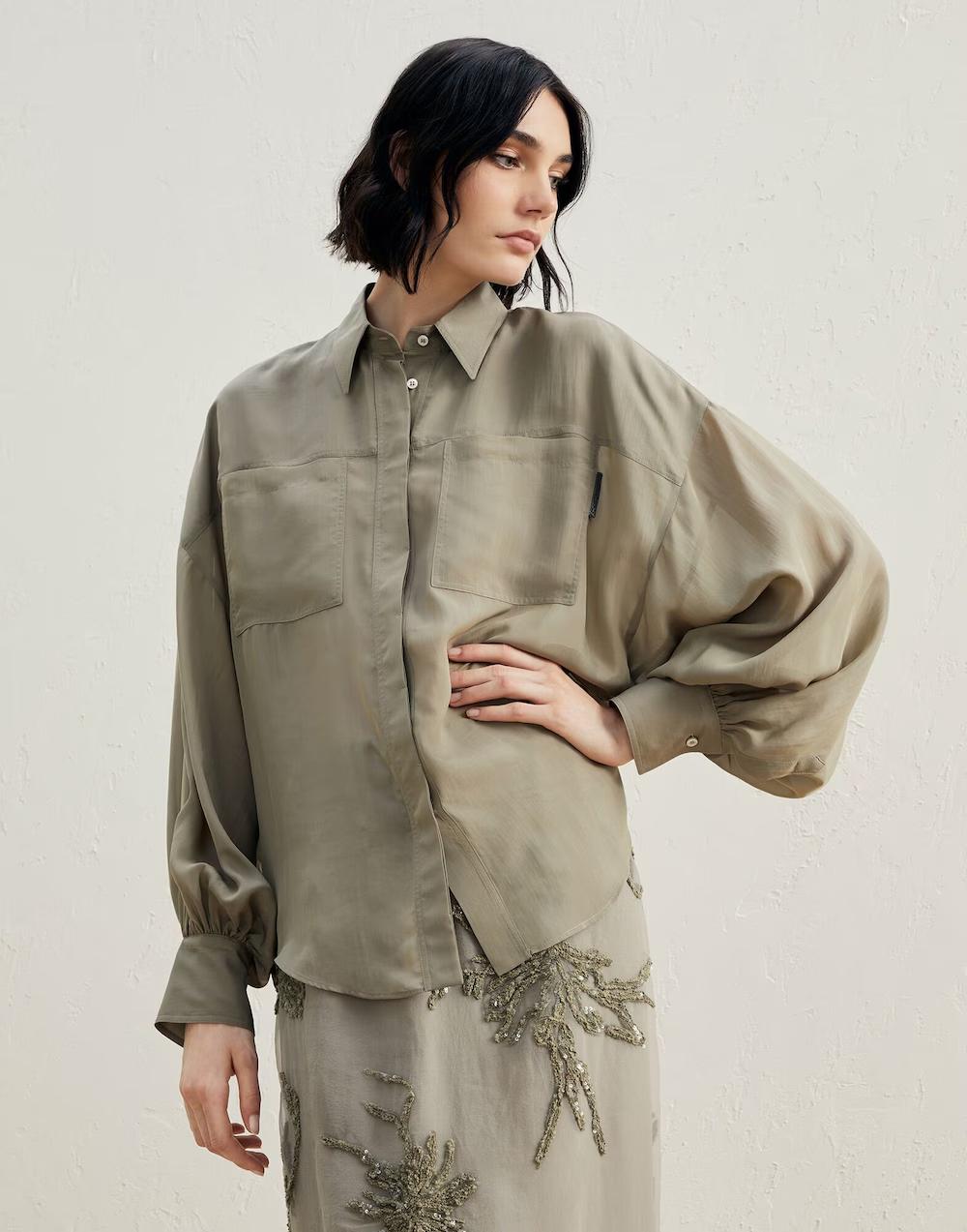 BRUNELLO CUCINELLI WOMEN'S OLIVE OVERSIZED SILK-BLEND SHIRT