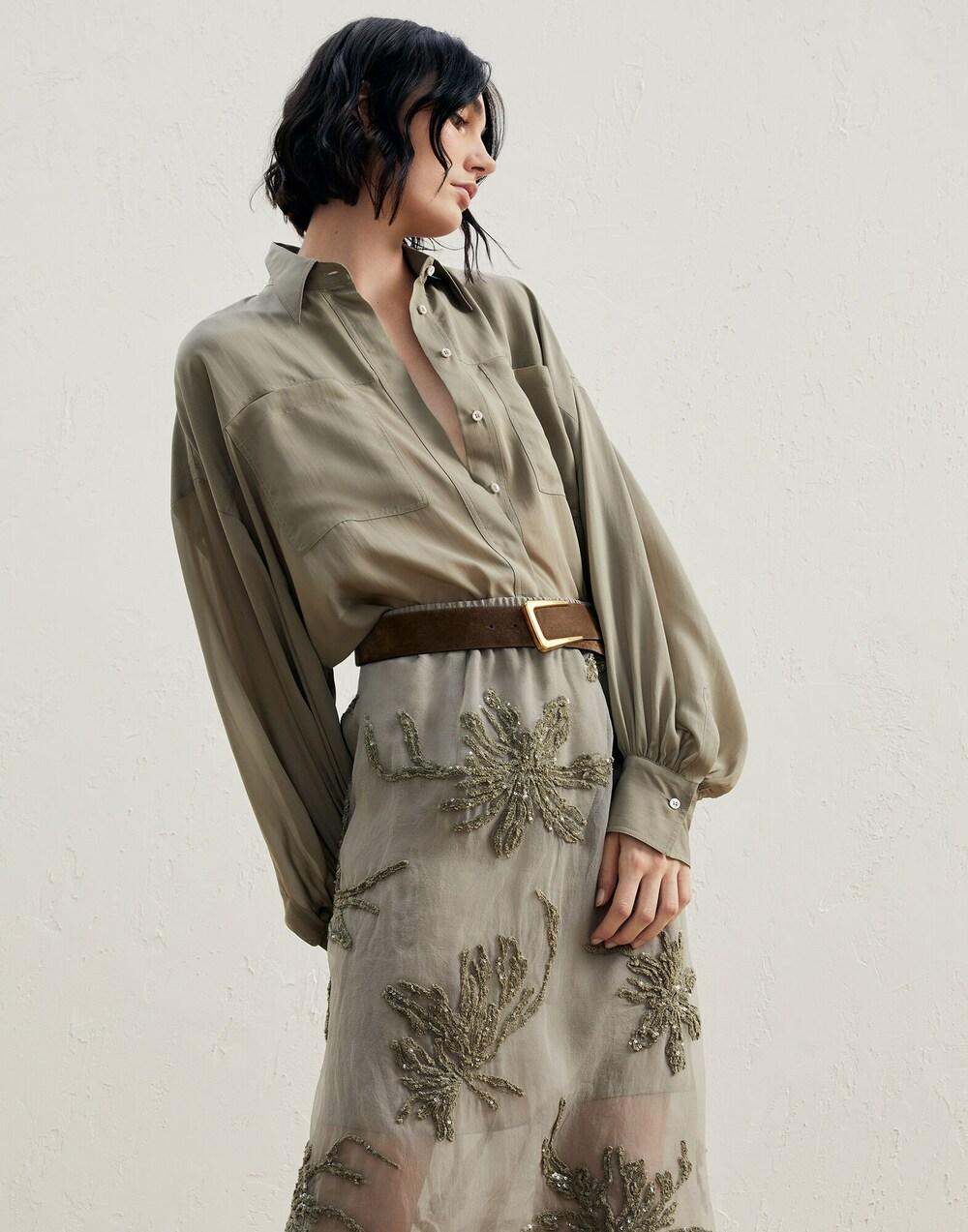 BRUNELLO CUCINELLI WOMEN'S OLIVE OVERSIZED SILK-BLEND SHIRT