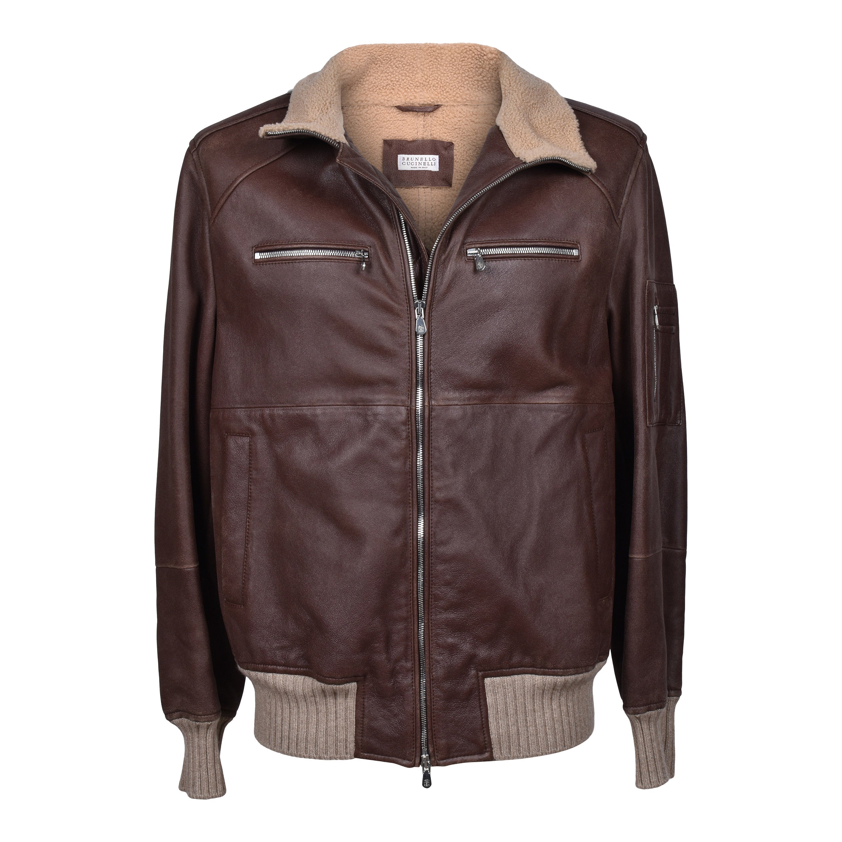 BRUNELLO CUCINELLI MEN'S BROWN LEATHER SHEARLING BOMBER JACKET