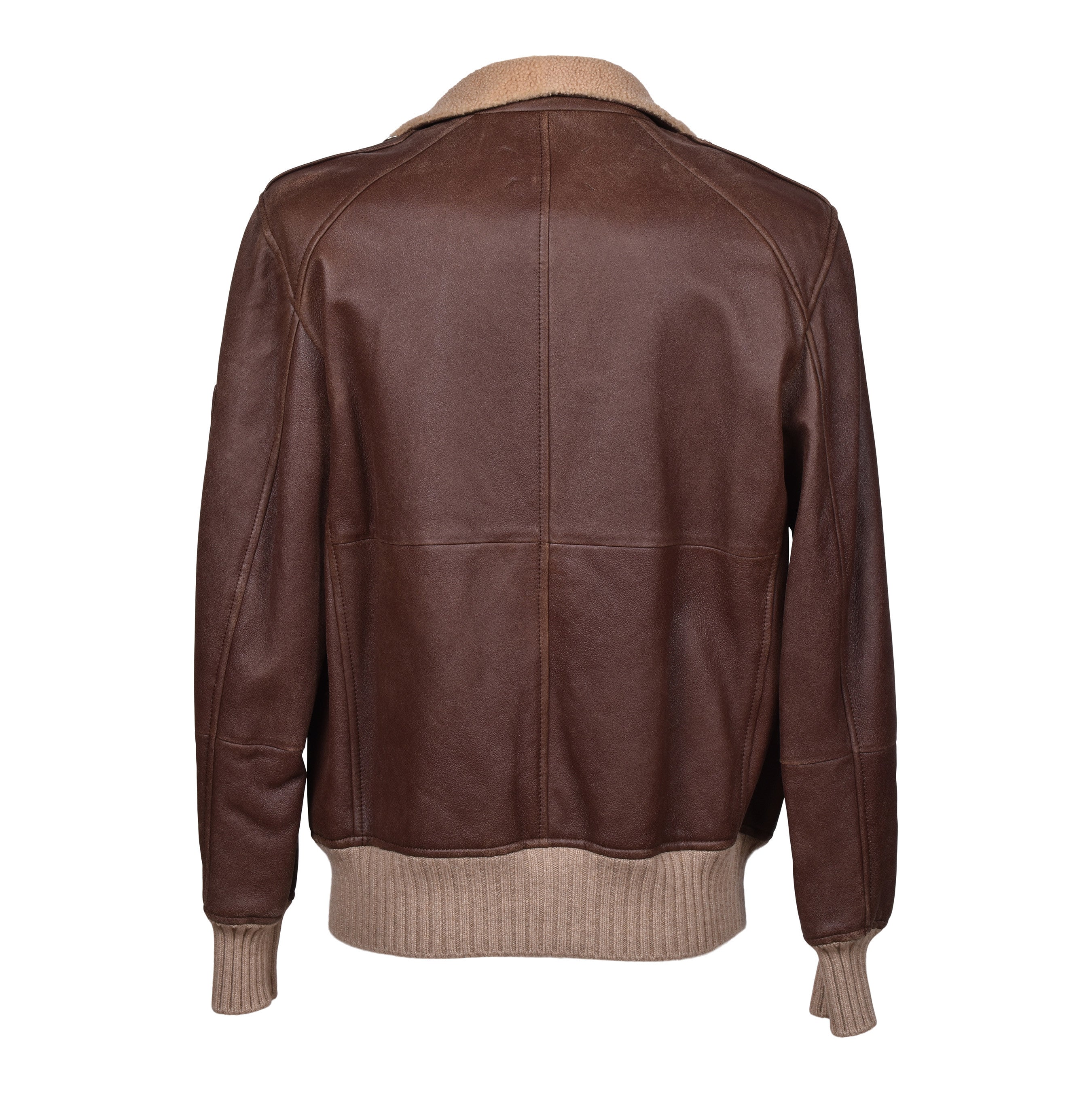 BRUNELLO CUCINELLI MEN'S BROWN LEATHER SHEARLING BOMBER JACKET
