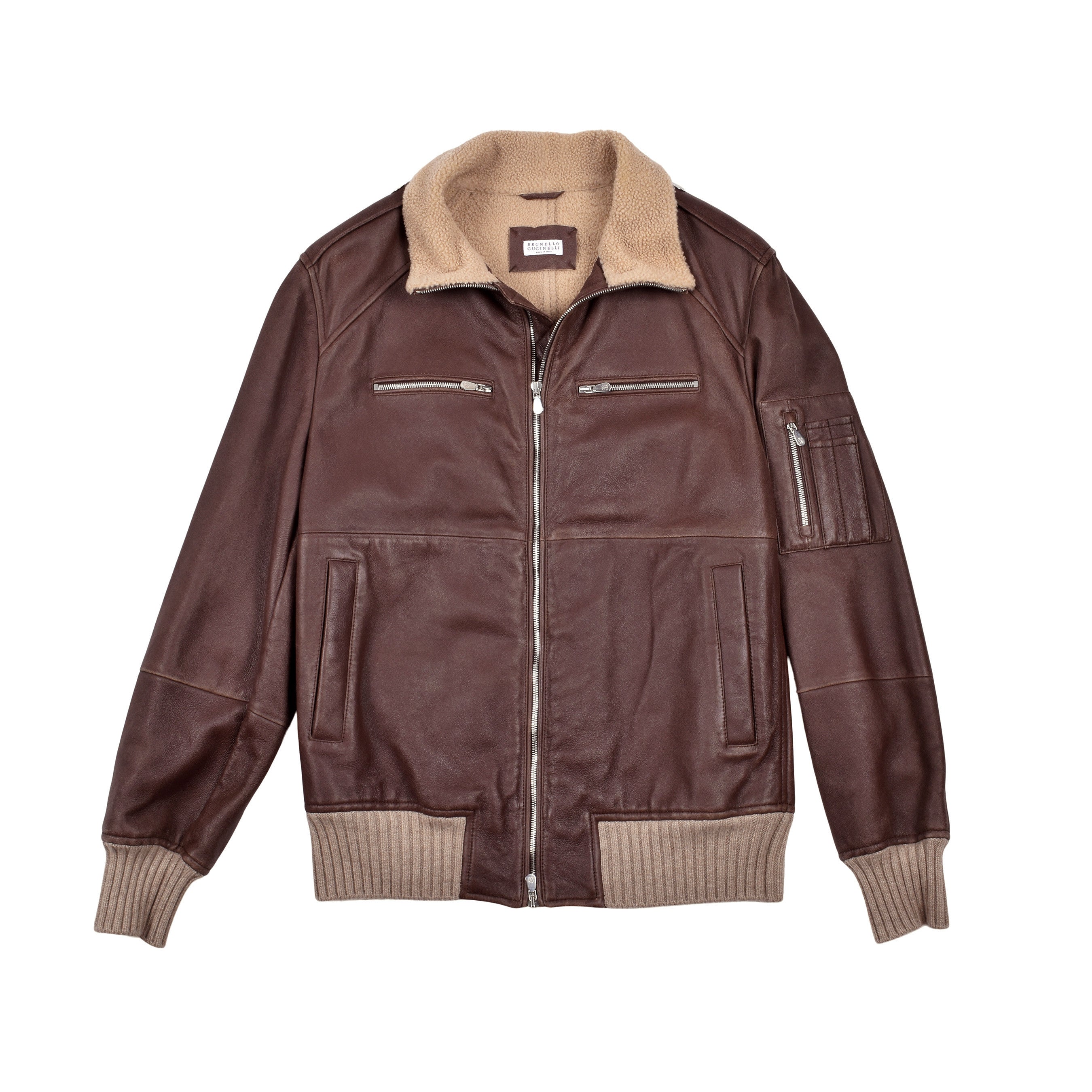 BRUNELLO CUCINELLI MEN'S BROWN LEATHER SHEARLING BOMBER JACKET