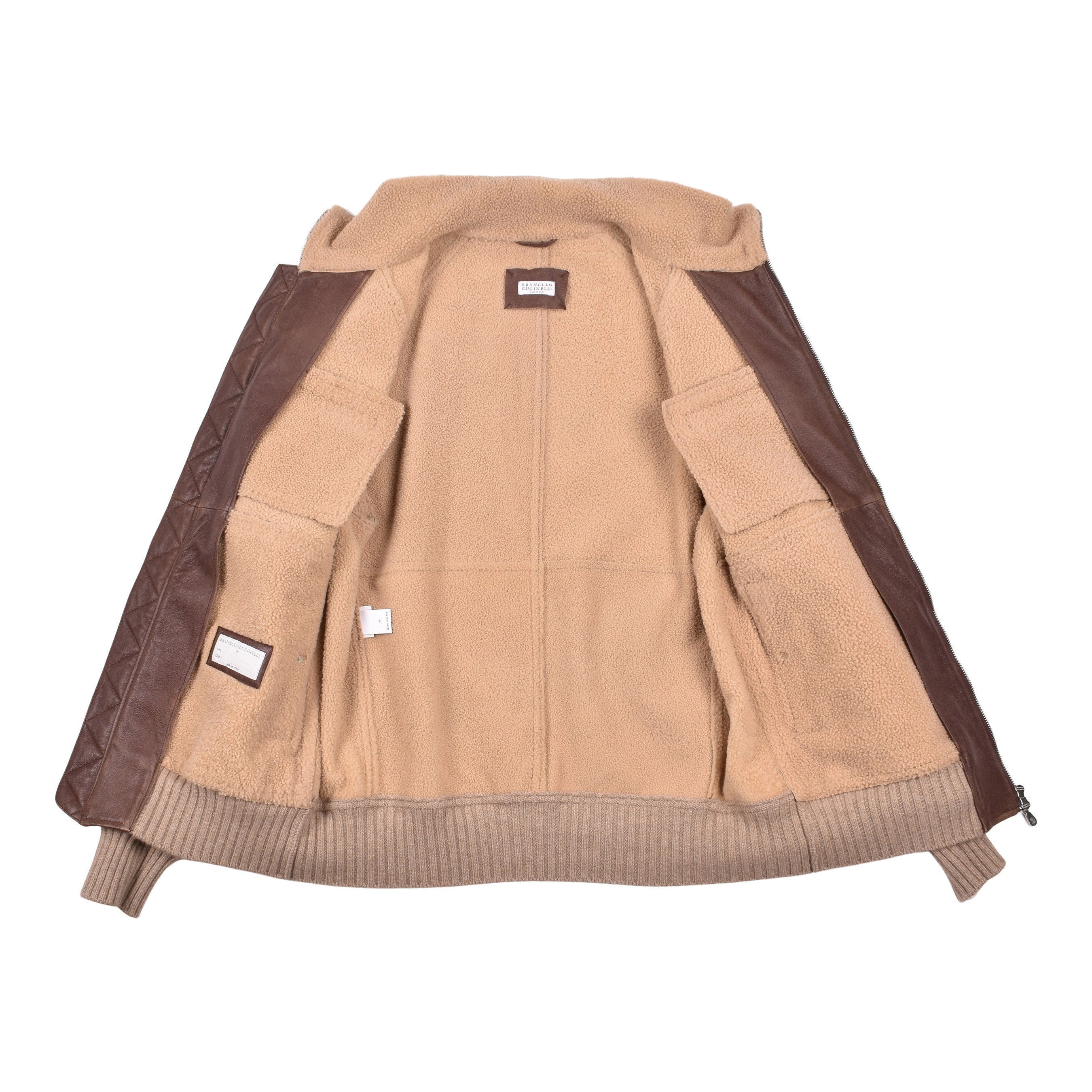 BRUNELLO CUCINELLI MEN'S BROWN LEATHER SHEARLING BOMBER JACKET
