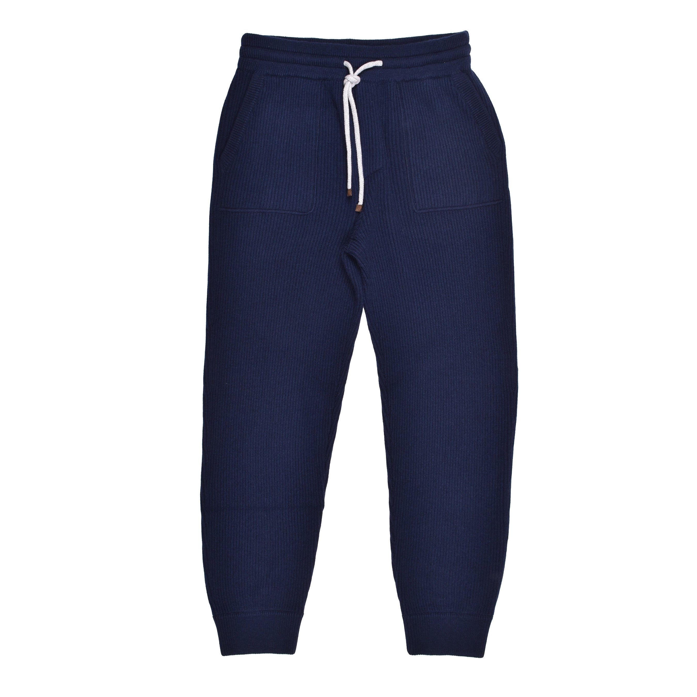 BRUNELLO CUCINELLI MEN'S NAVY CASHMERE RIBBED TROUSERS