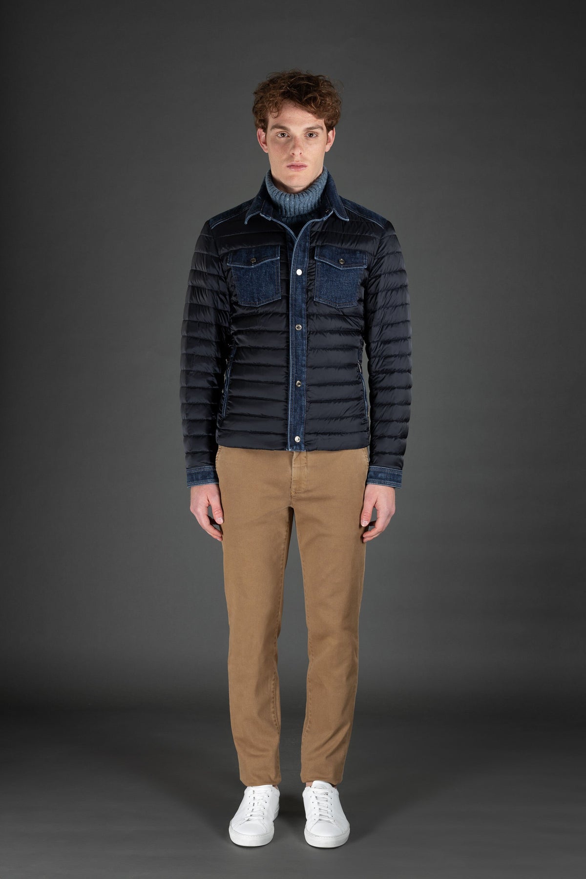 MOORER MEN'S NAVY QUILTED JACKET WITH DENIM ACCENTS