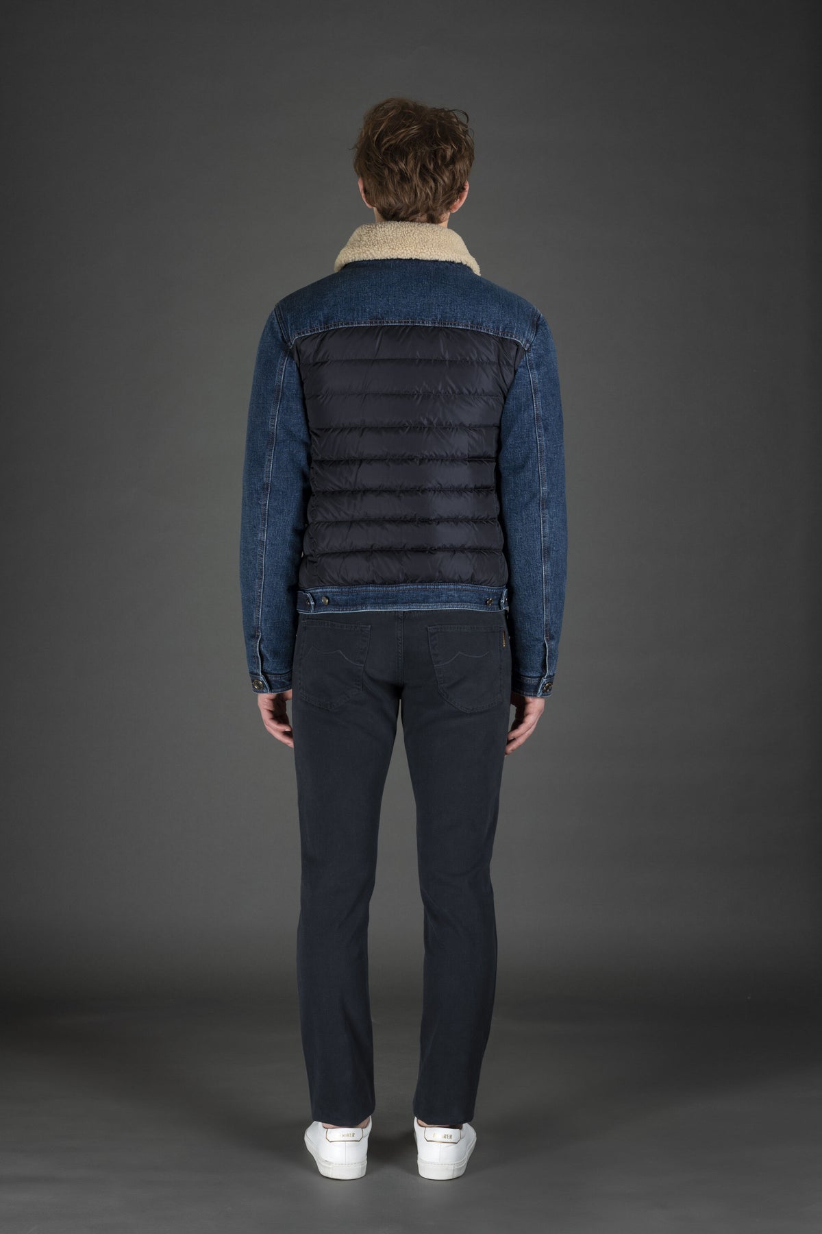 MOORER MEN'S BLUE DENIM SHEARLING JACKET