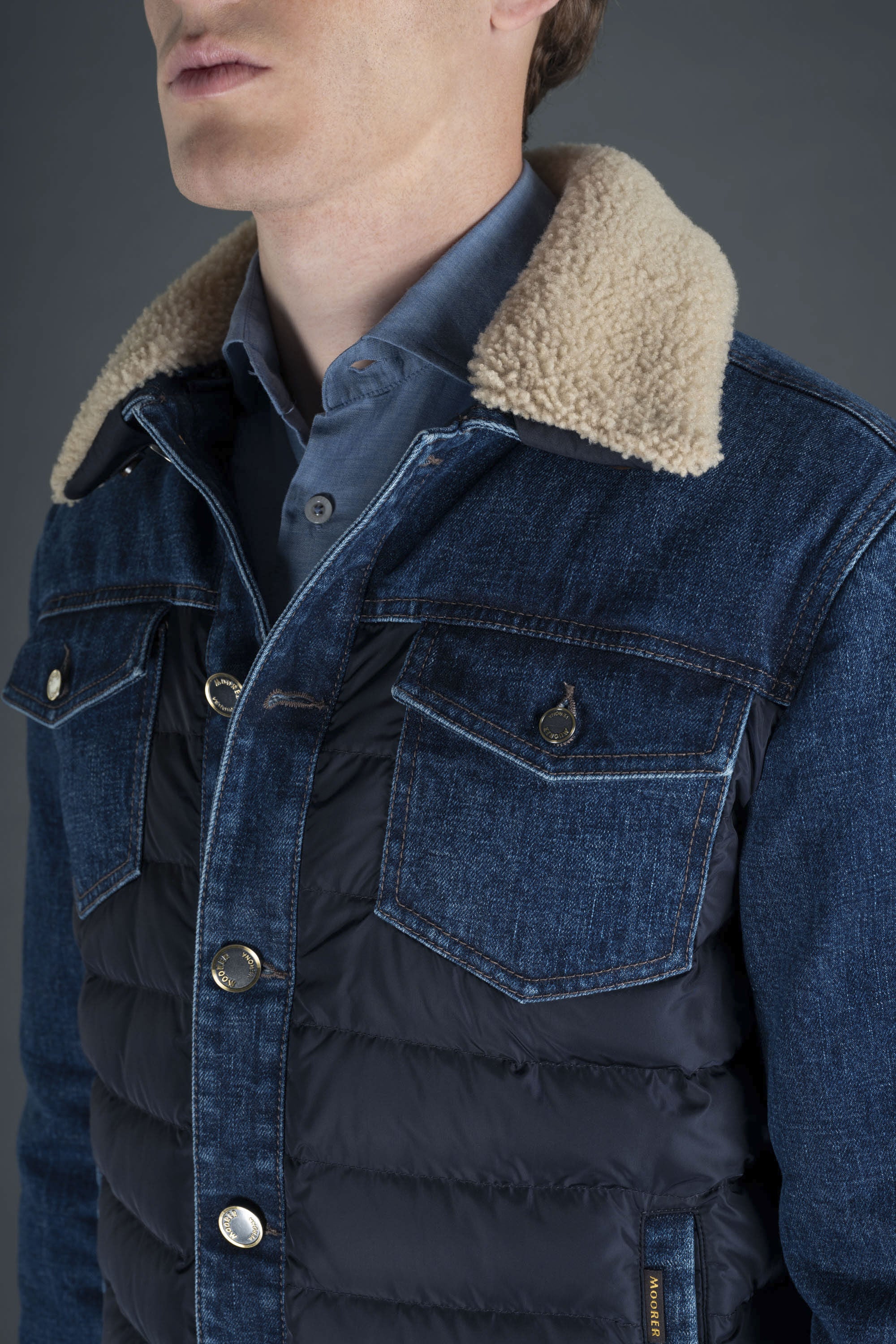 MOORER MEN'S BLUE DENIM SHEARLING JACKET