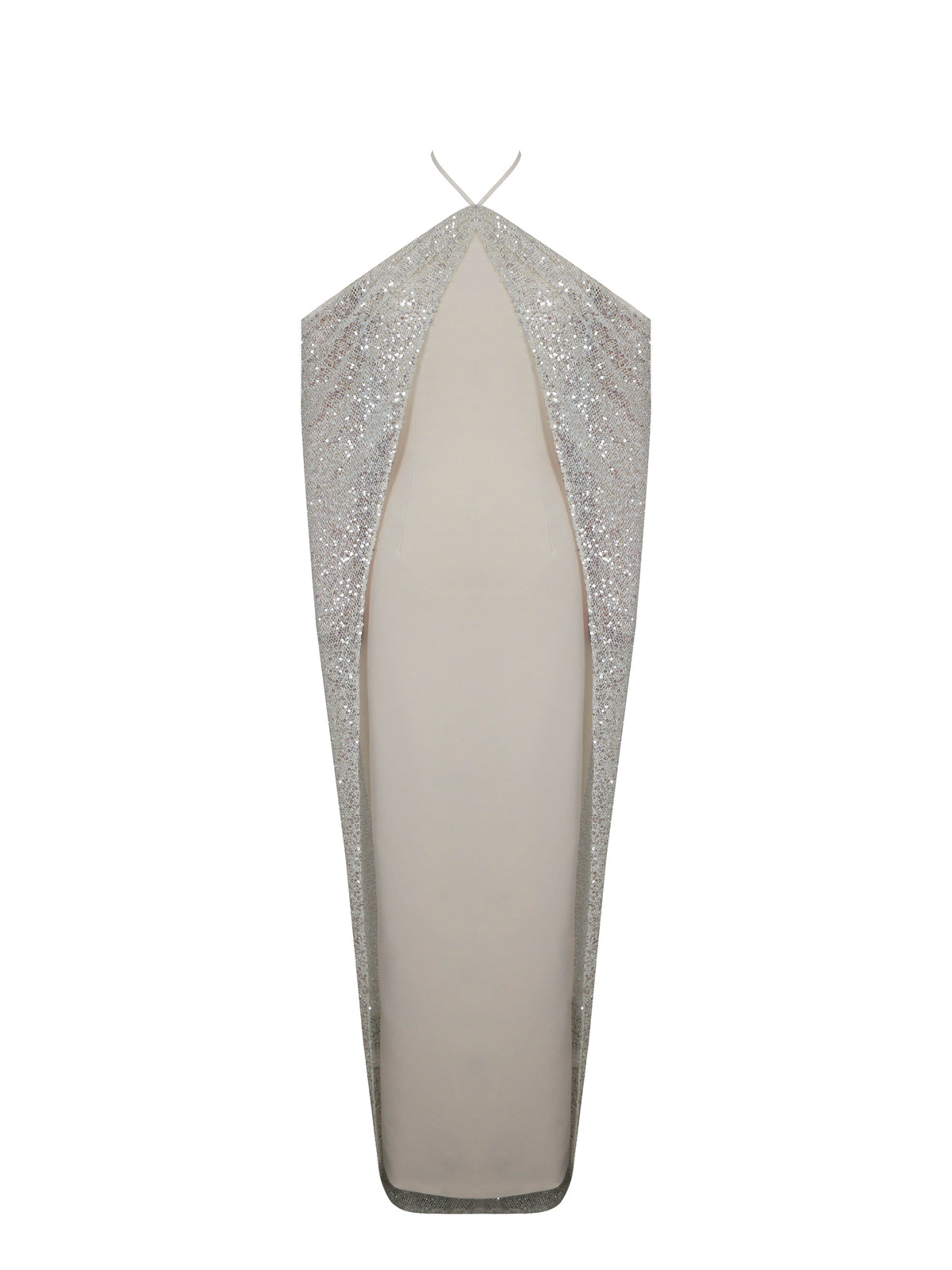 Quimera Almond Beaded Cape Halter Off-Shoulder Maxi Gown
