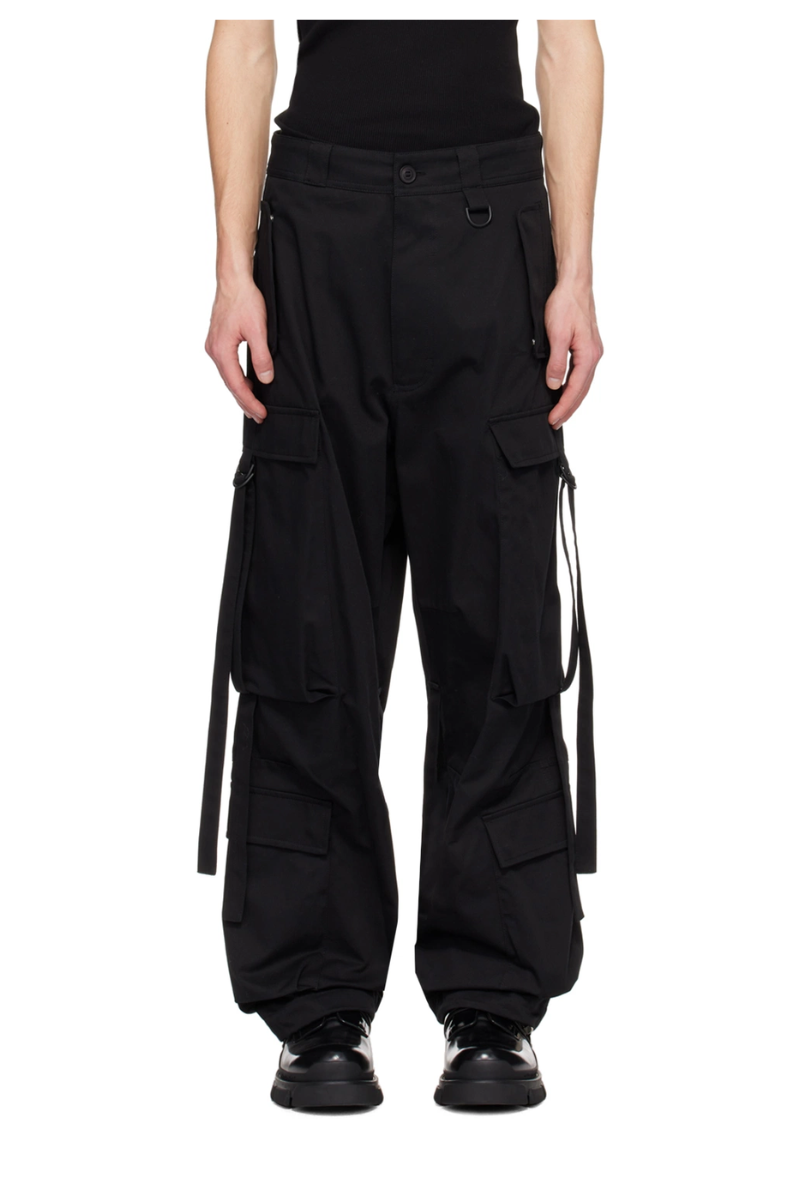 Givenchy Black Extended Trim Cargo Pants in black cotton twill with D-ring and cargo pockets.