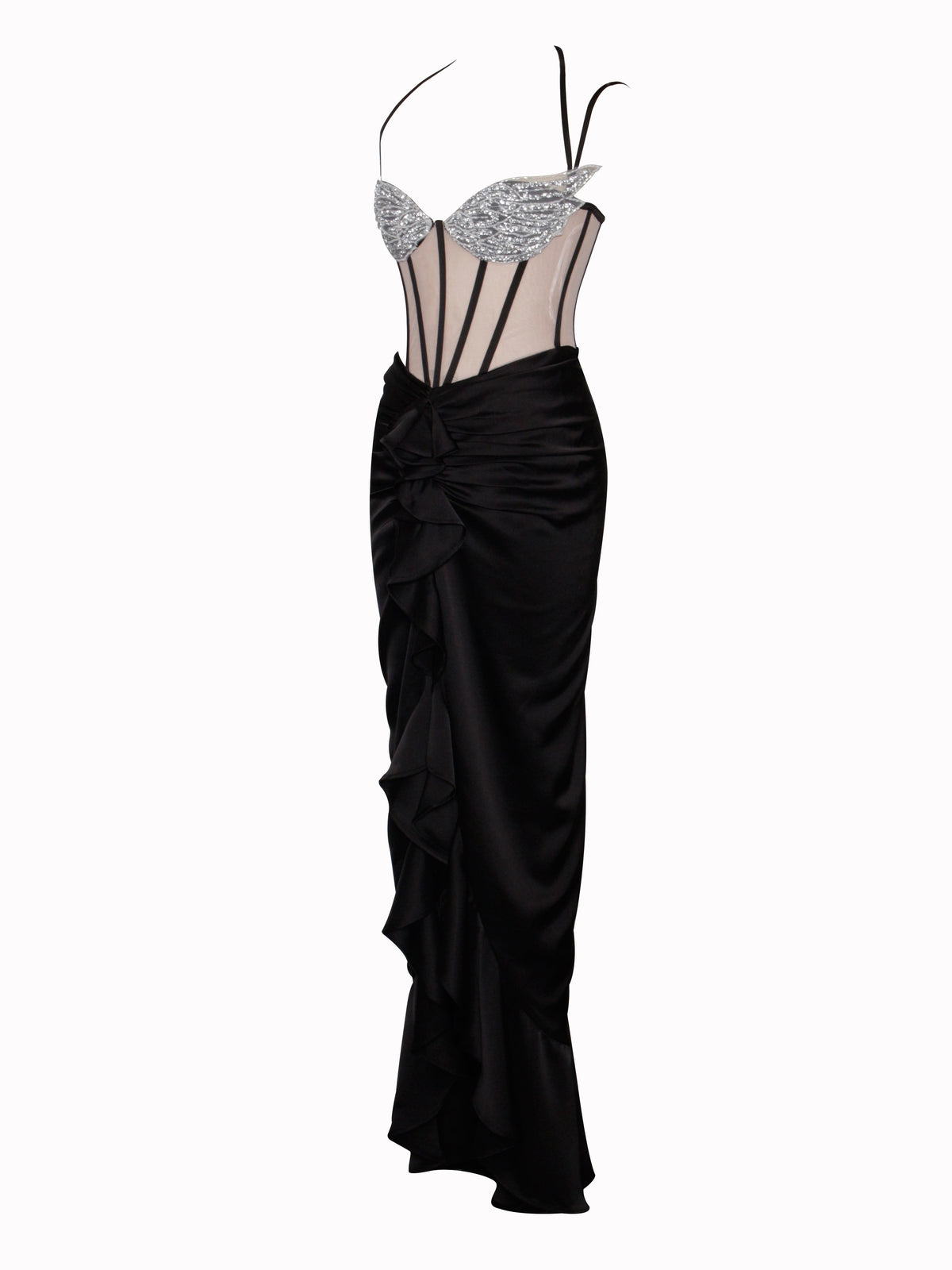 Rafaela Black Satin Corset Sequin Wing Cup Dress (Archive Sale)
