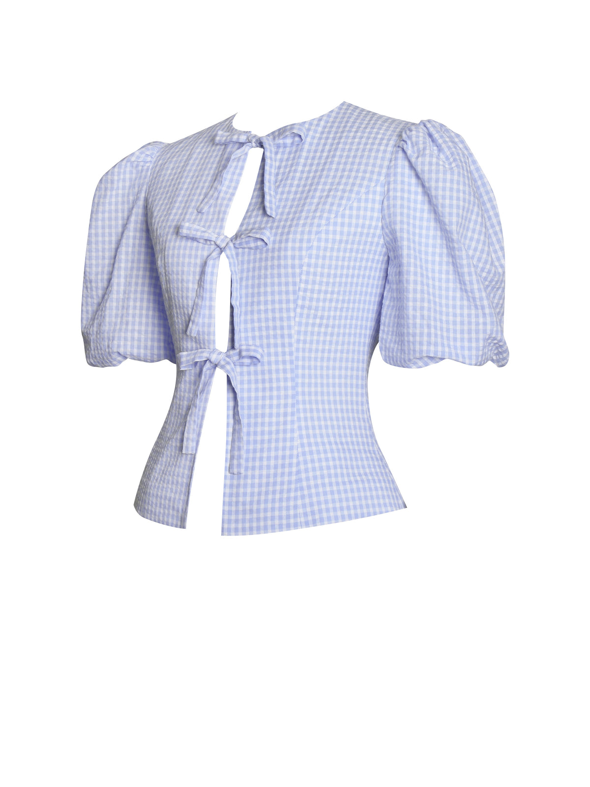 Qusayla Baby Blue Gingham Cotton Bubble Sleeve Bowtie Top