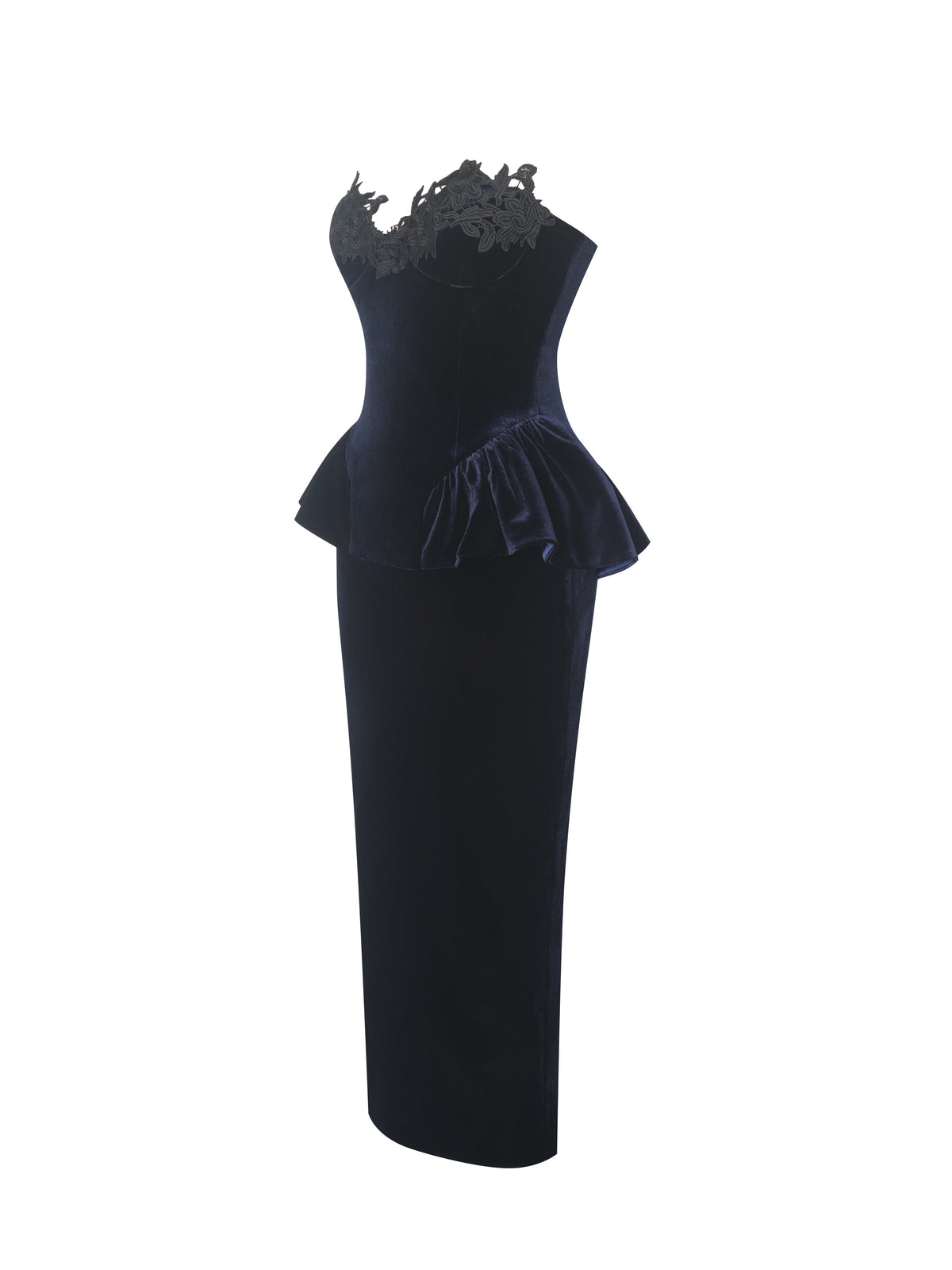 Pascha Black Lace Appliqué Strapless Peplum Midi Dress