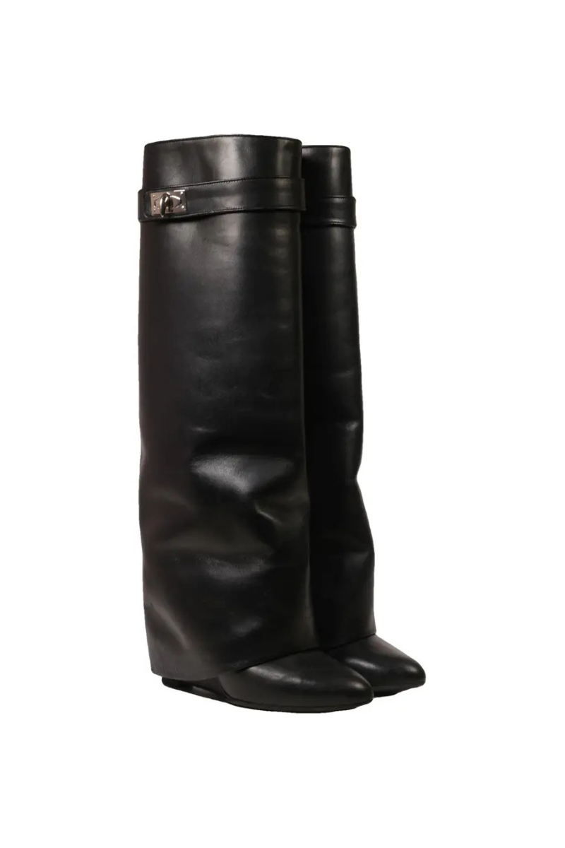 Givenchy Black Leather Shark Lock Wedge Knee - High Boots 90MM