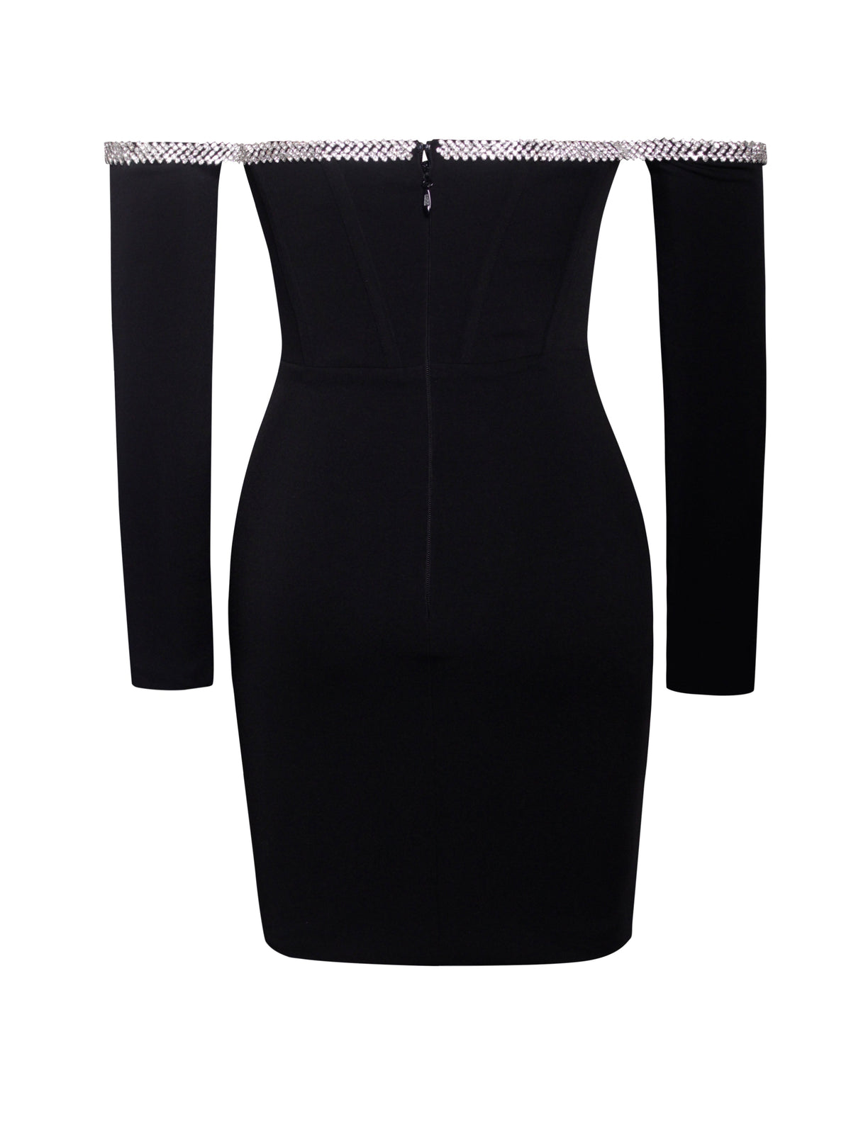 Annika Black Off Shoulder Long Sleeve Corset Dress With Crystal Trim (Archive Sale)